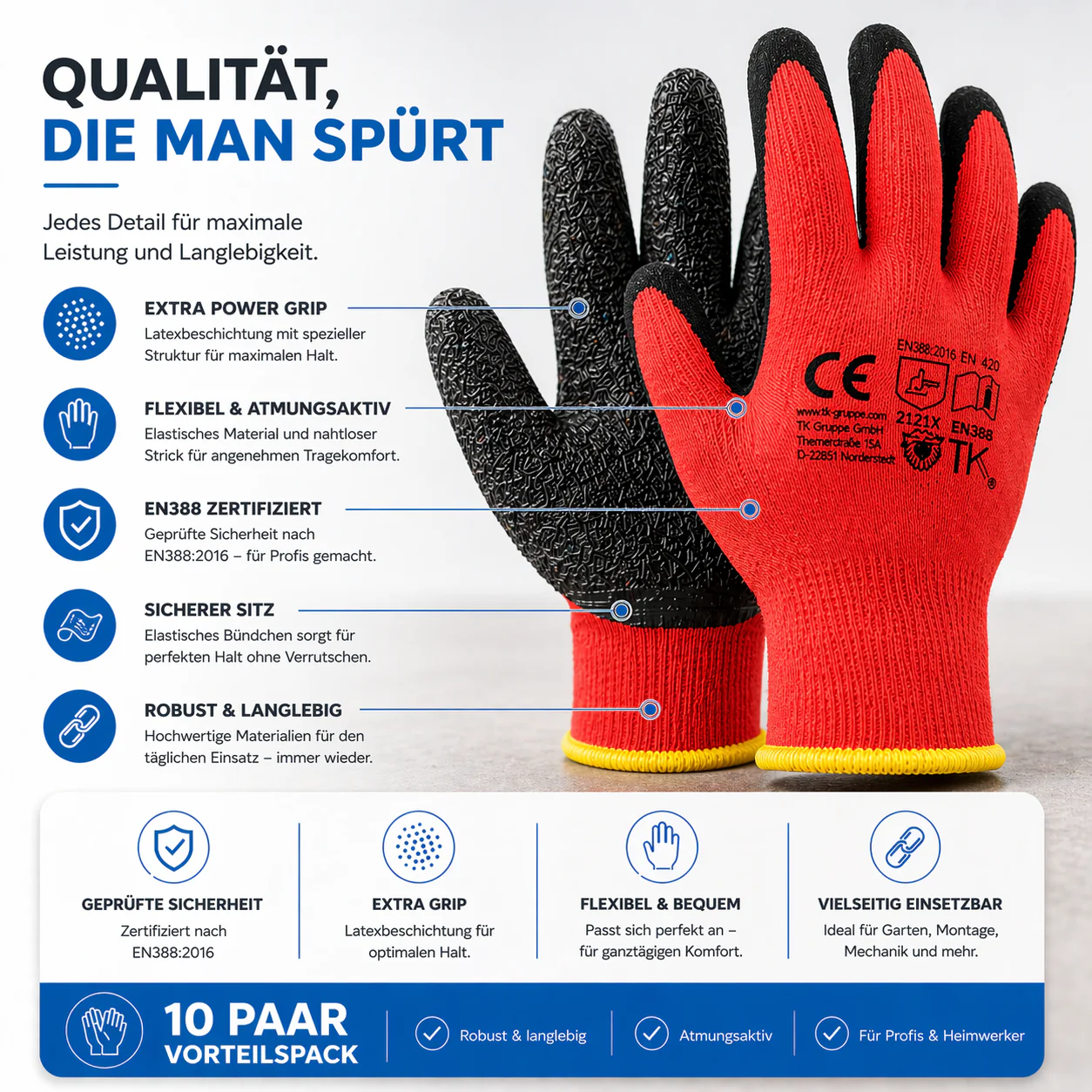 10x Paar Arbeitshandschuhe Herren EN388 rot - Garten-/ Mechaniker Handschuhe - Gr. 10-11 (L/ XL) - Image 6