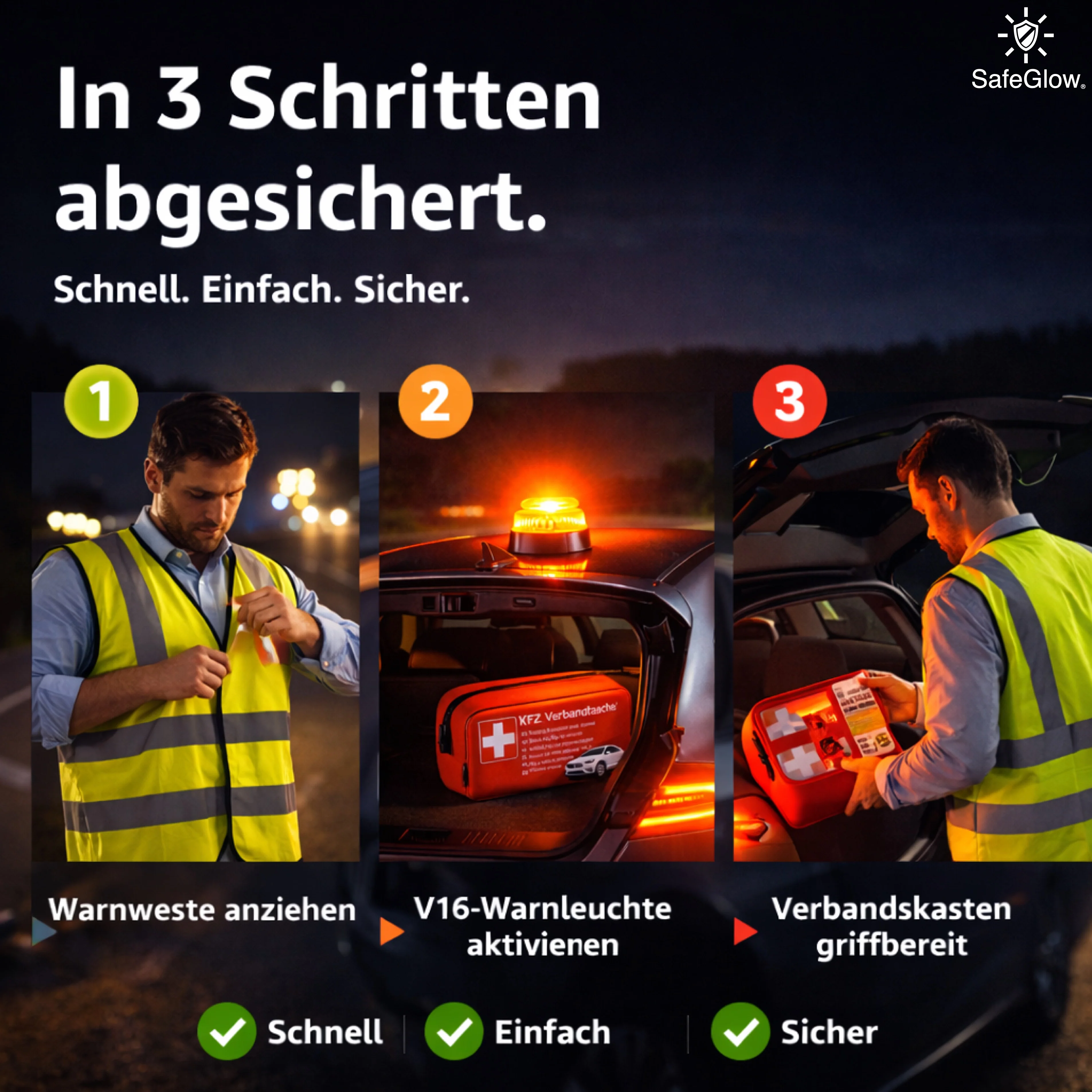 3 in 1 Set - Warnleuchte V16 Notlicht IDIADA Zulassung Nr. PC21020060 - Warnweste & Verbandstasche - Image 6