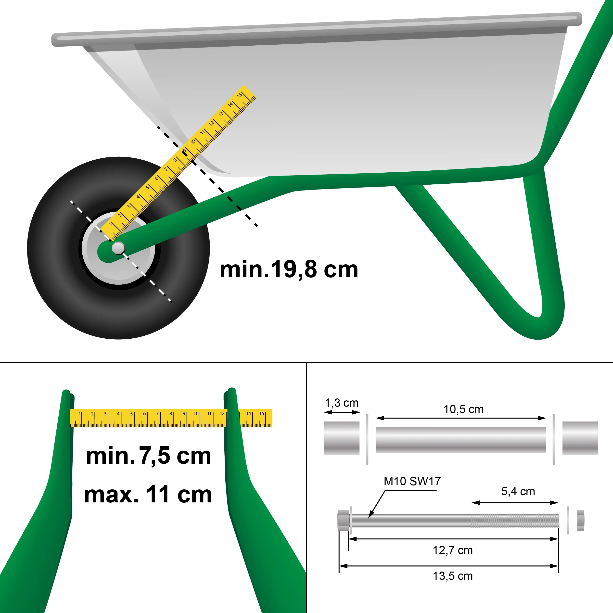 4er Schubkarrenrad Reifen mit Achse PU 4.80/4.00-8 Ø 390 mm Vollgummi Ersatzrad - Image 6
