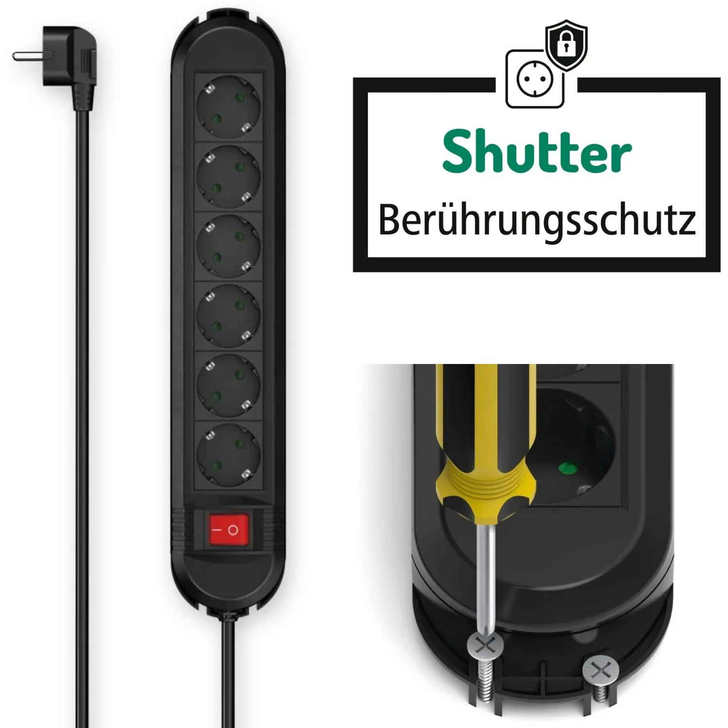 6-fach Steckdosenleiste mit Schalter 1,5m Schwarz