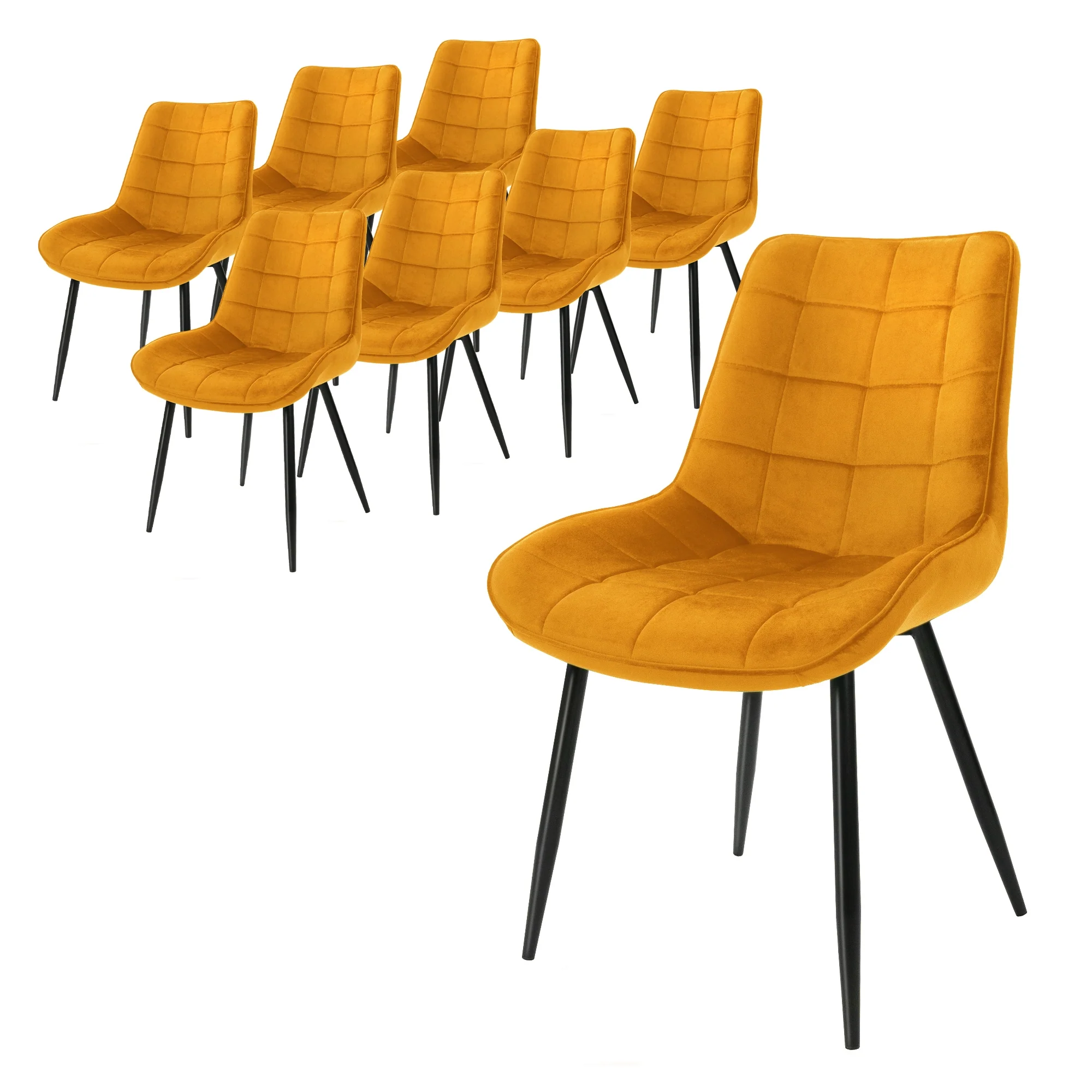 8er Set Esszimmerstühle mit Rückenlehne, Senfgelb, Samtbezug