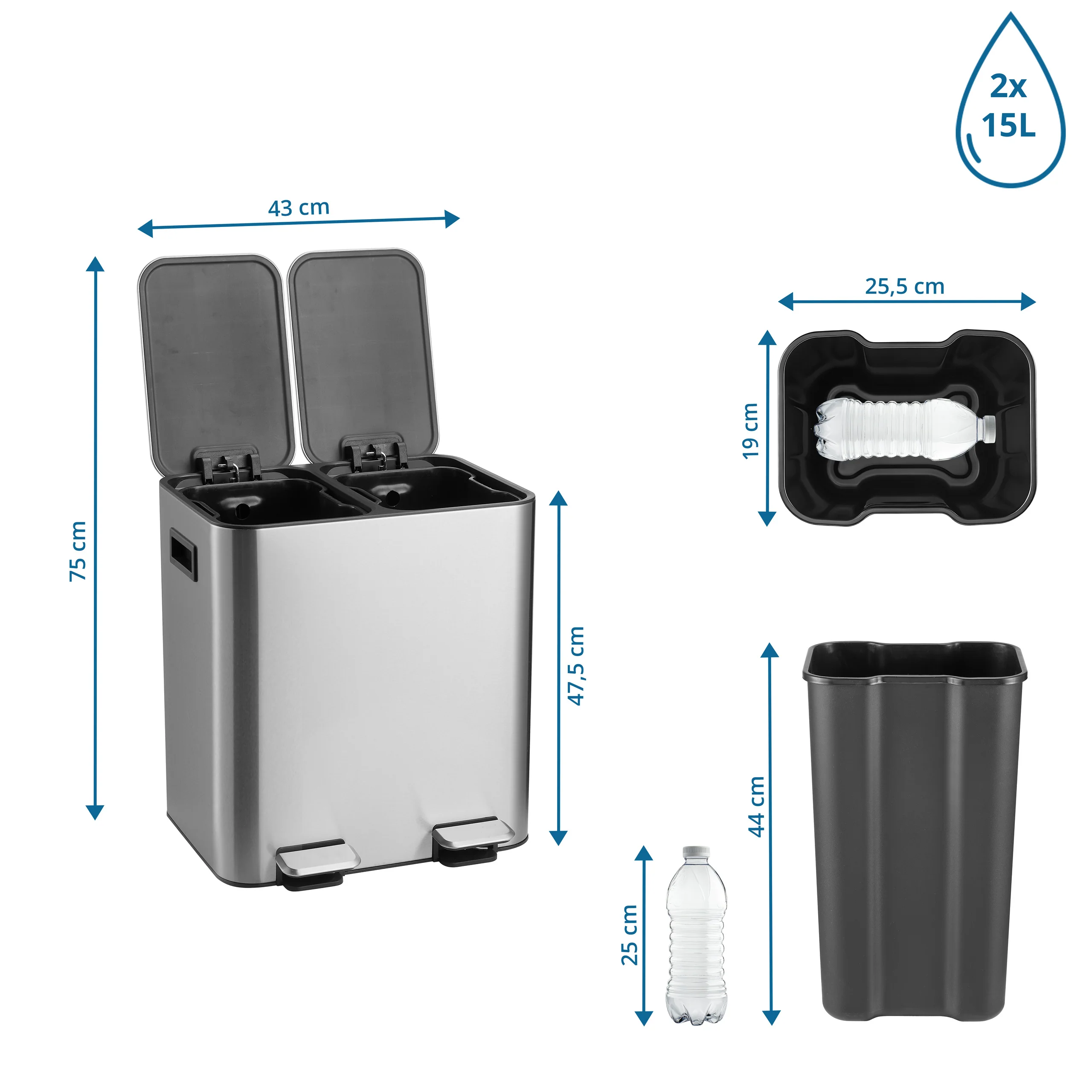 Abfallsammler / Mülltrennsystem Clean 10 - 30L (2x15L) Edelstahl silber hjh OFFICE - Image 3
