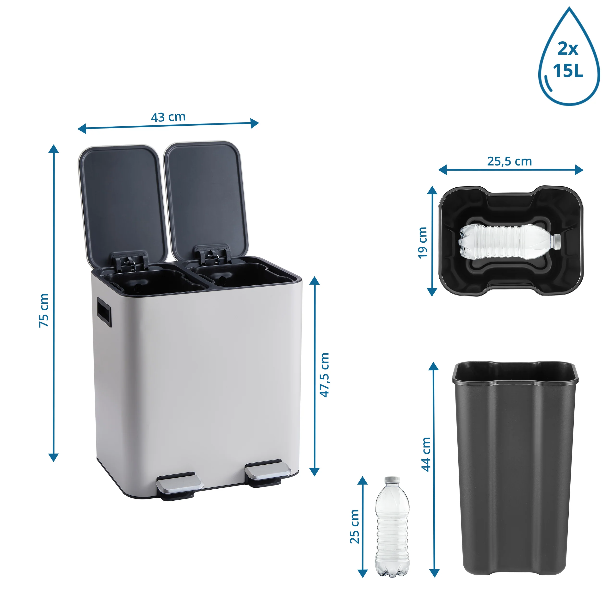 Abfallsammler / Mülltrennsystem Clean 10 - 30L (2x15L) Edelstahl silber hjh OFFICE - Image 4