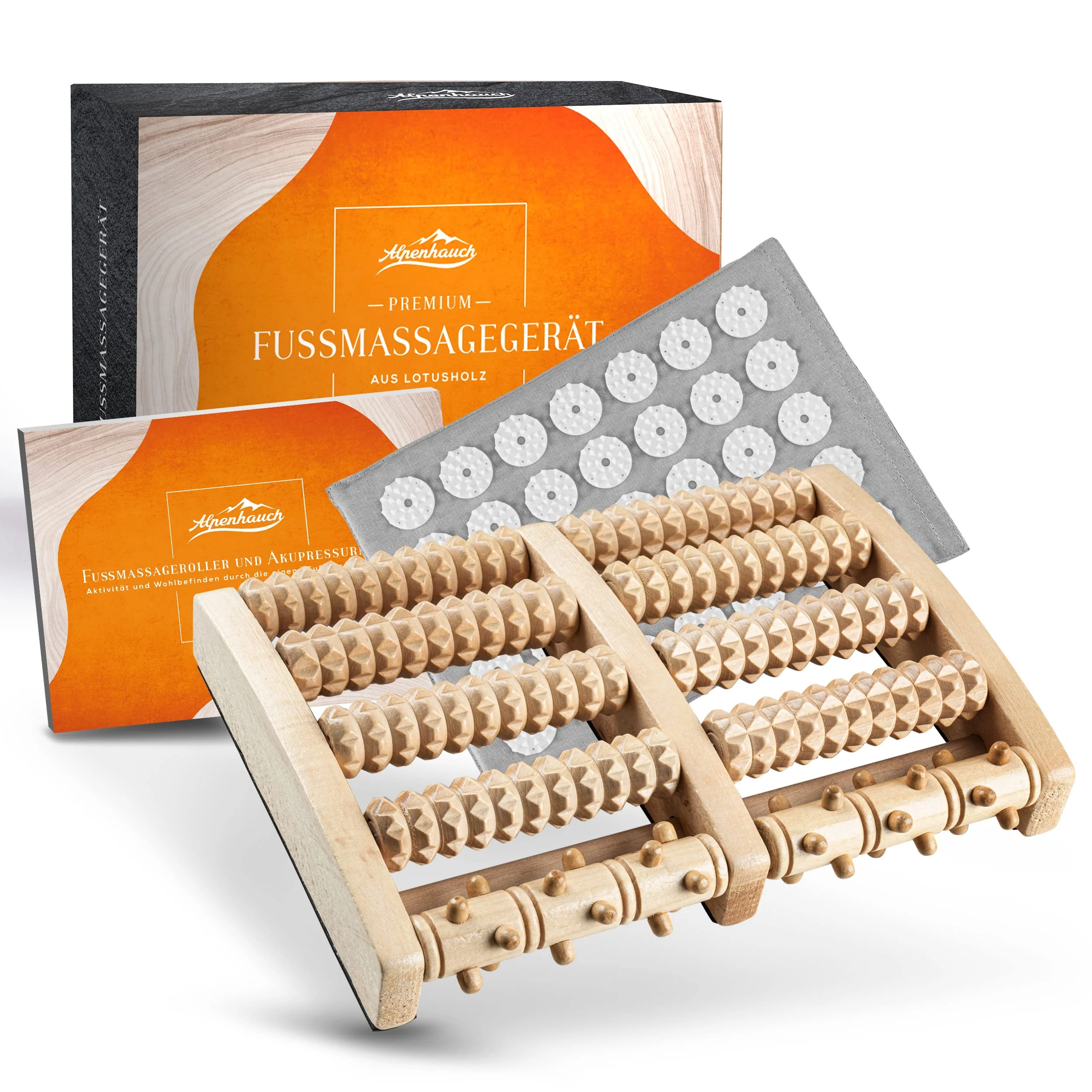 ALPENHAUCH - Fußmassageroller aus Echtholz mit Akupressurmatte - Vitalisierendes