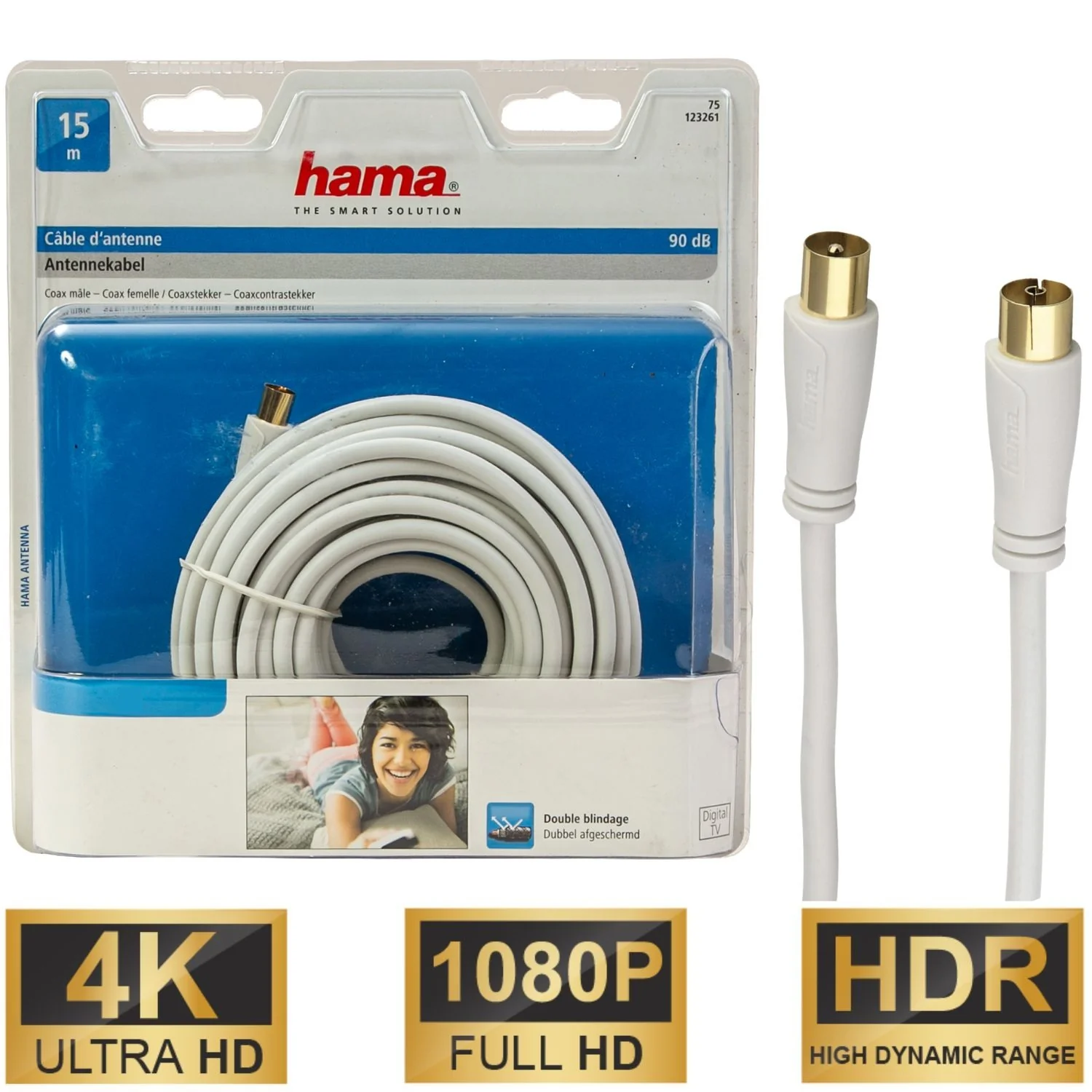 Antennen-Kabel 15m 90dB Filter vergoldet Weiß
