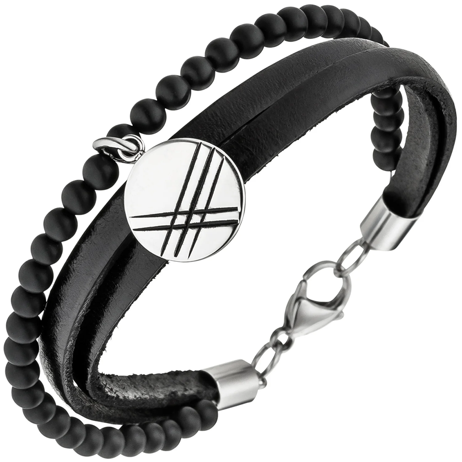 Armband 3-reihig Leder schwarz mit Onyx Kugeln und Edelstahl 21 cm Lederarmband - Image 2