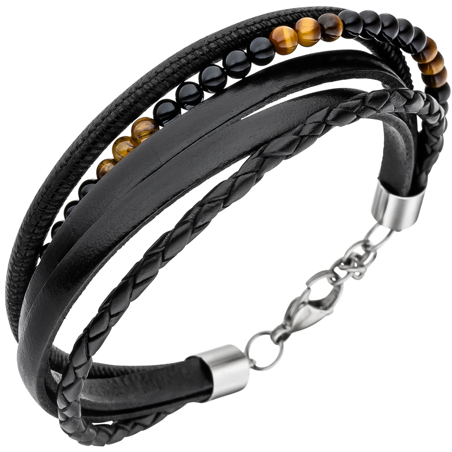 Armband Leder schwarz mit Onyx und Tigeraugen Kugeln 23 cm Lederarmband - Image 2