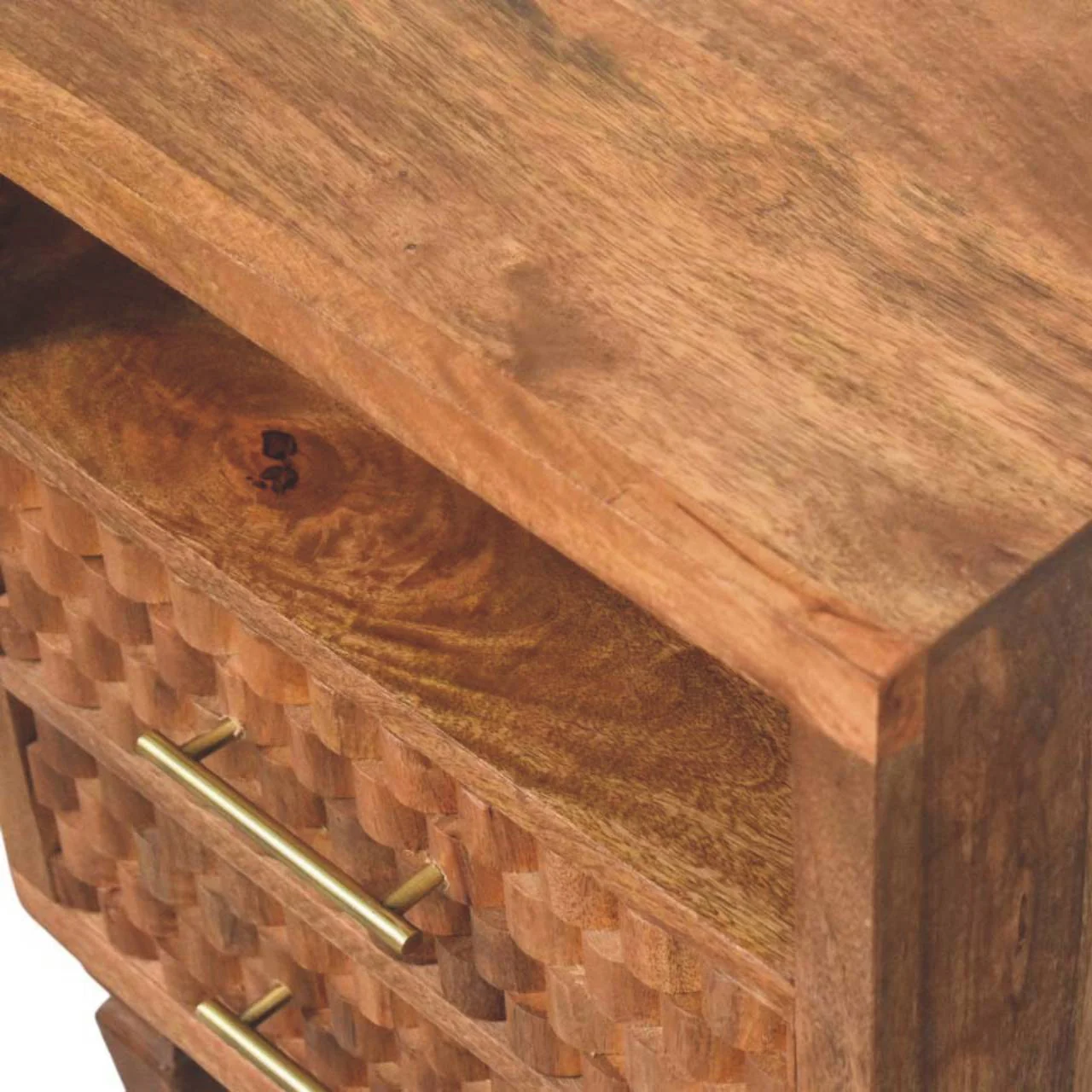 Artisan Furniture Massivholz Arno Nachttisch in Goldenem Teak, 2 Schubladen, 1 offenes Fach, Beige - Image 6