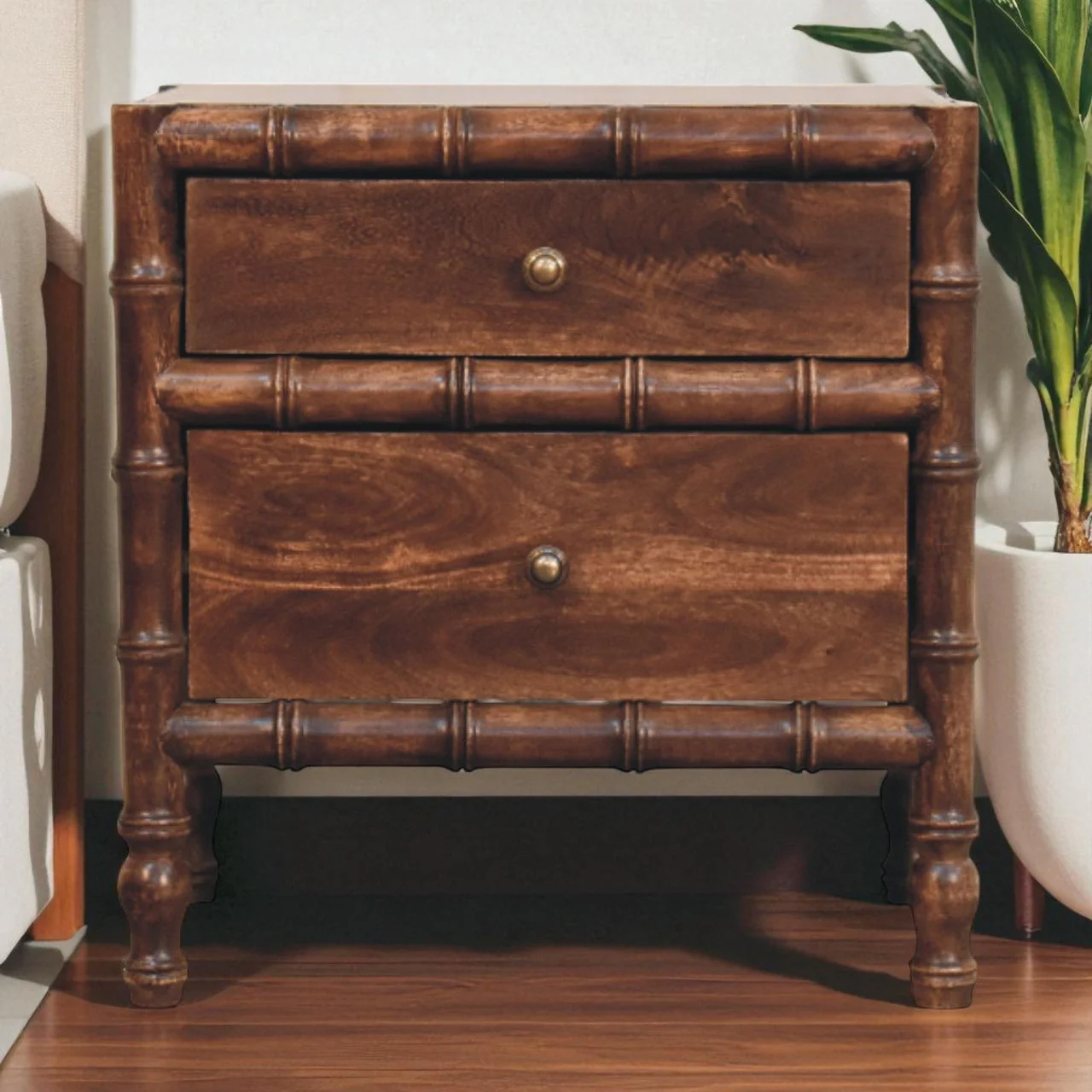 Artisan Furniture Massivholz Bambusrahmen Nachttisch in gerösteter Mandel, 2 Schubladen, Braun - Image 2