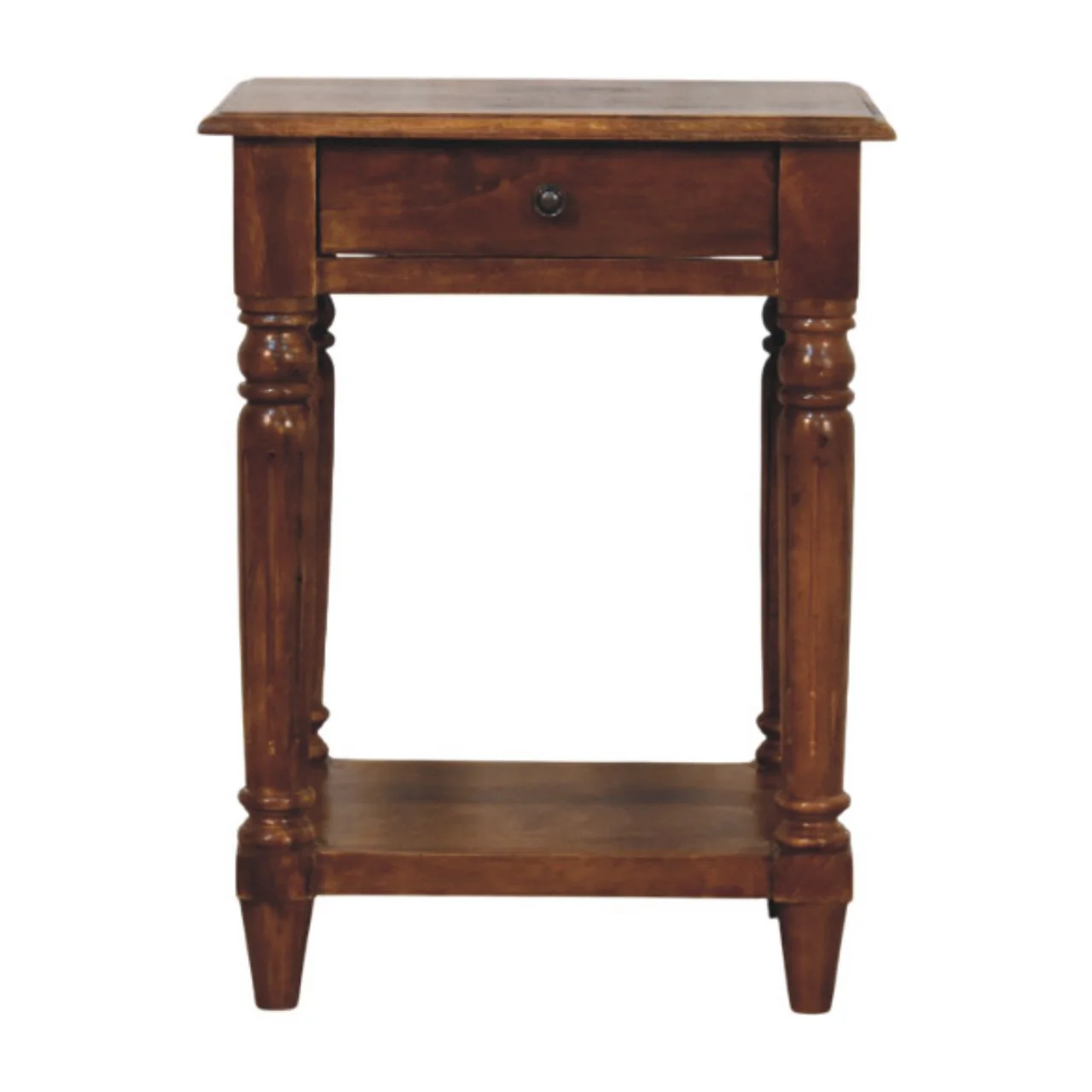 Artisan Furniture Massivholz-Beistelltisch mit gedrechselten Beinen aus Kastanienholz, 1 Schublade