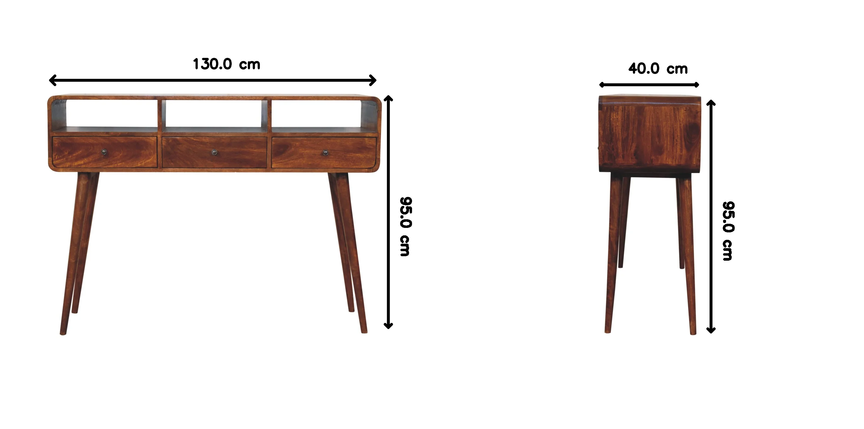 Artisan Furniture Massivholz dreifach gebogener Kastanien Konsolentisch, 3 Schubladen, 3 Regale - Image 2