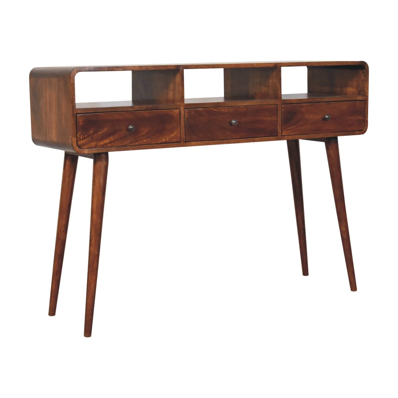 Artisan Furniture Massivholz dreifach gebogener Kastanien Konsolentisch, 3 Schubladen, 3 Regale - Image 5