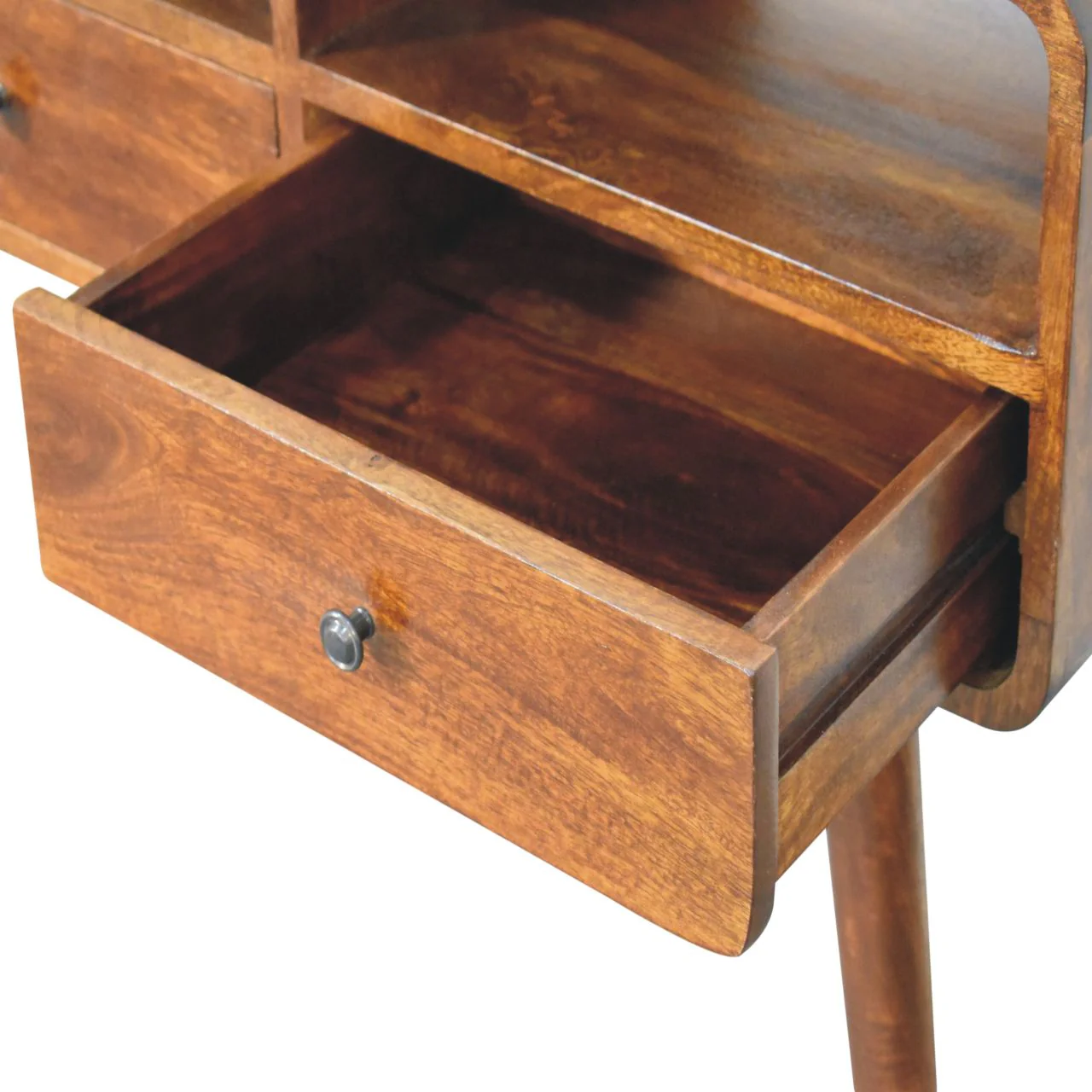 Artisan Furniture Massivholz dreifach gebogener Kastanien Konsolentisch, 3 Schubladen, 3 Regale - Image 9