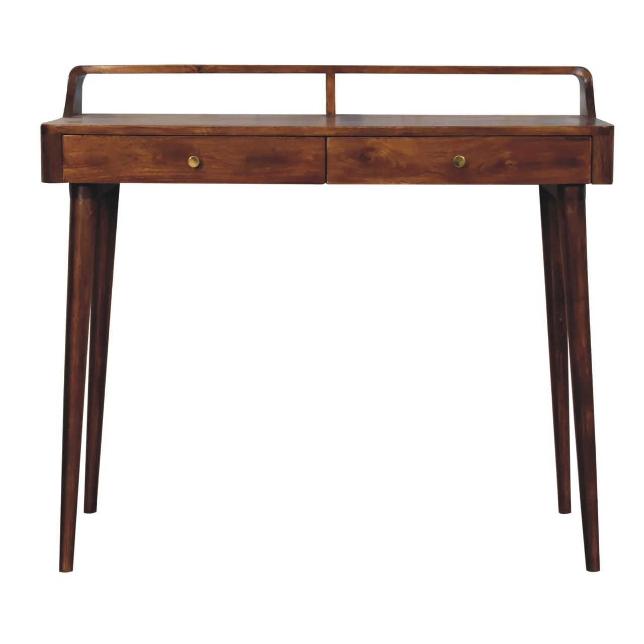 Artisan Furniture Massivholz erhöhter Kastanien-Konsolentisch, 2 Schubladen, Dunkelbraun
