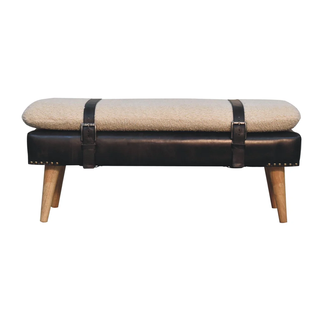 Artisan Furniture Massivholz gepolsterte Bouclé Buffalo Hide schwarze Lederbank, Braun & Creme - Image 3