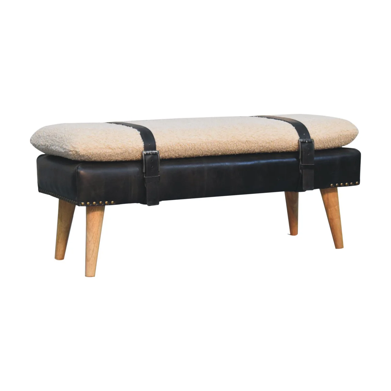 Artisan Furniture Massivholz gepolsterte Bouclé Buffalo Hide schwarze Lederbank, Braun & Creme - Image 4