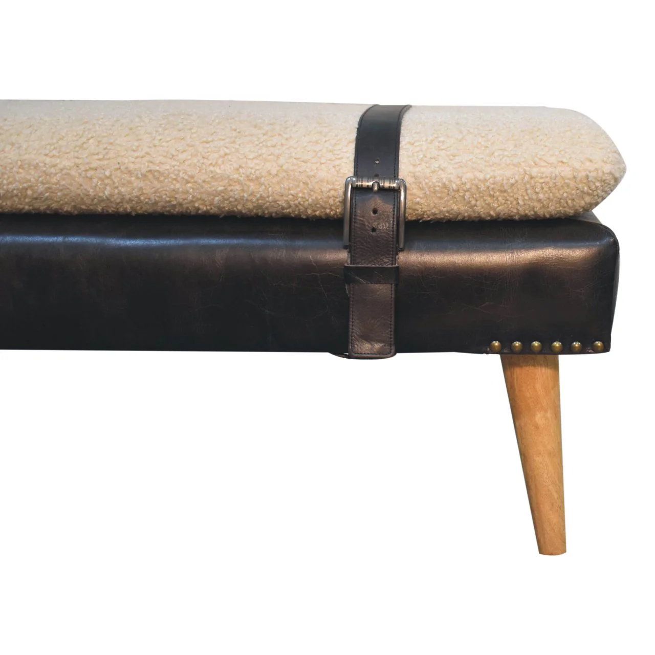 Artisan Furniture Massivholz gepolsterte Bouclé Buffalo Hide schwarze Lederbank, Braun & Creme - Image 6
