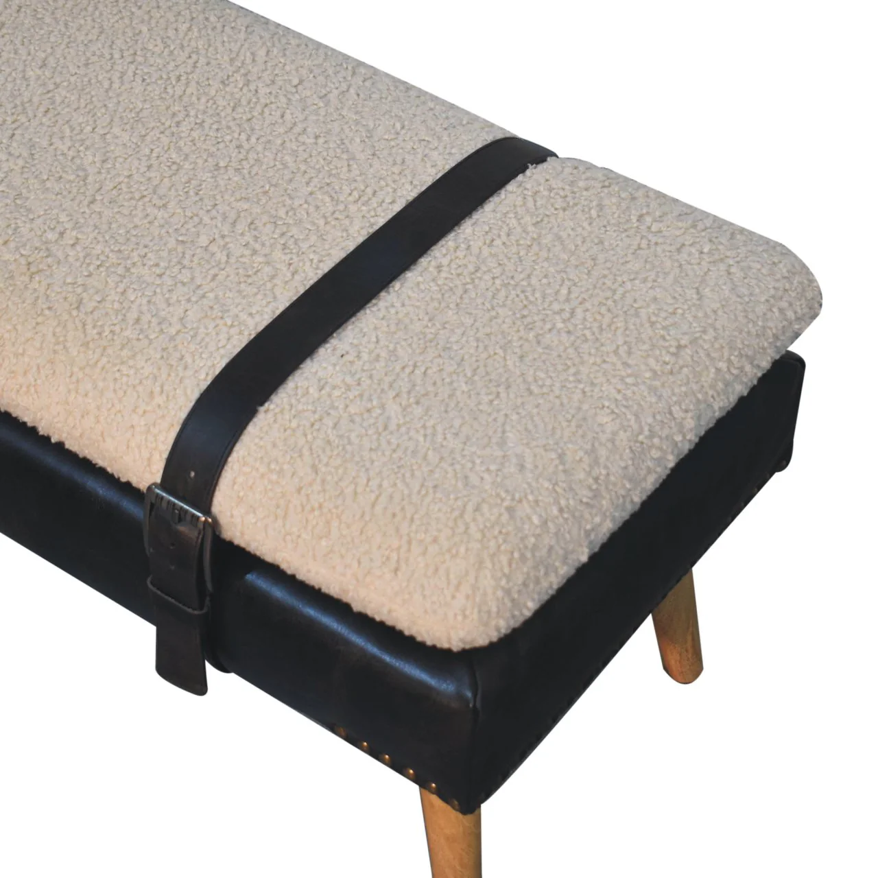 Artisan Furniture Massivholz gepolsterte Bouclé Buffalo Hide schwarze Lederbank, Braun & Creme - Image 7