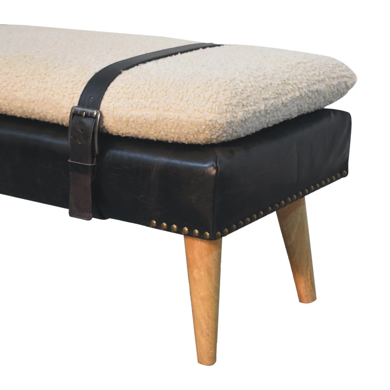 Artisan Furniture Massivholz gepolsterte Bouclé Buffalo Hide schwarze Lederbank, Braun & Creme - Image 8