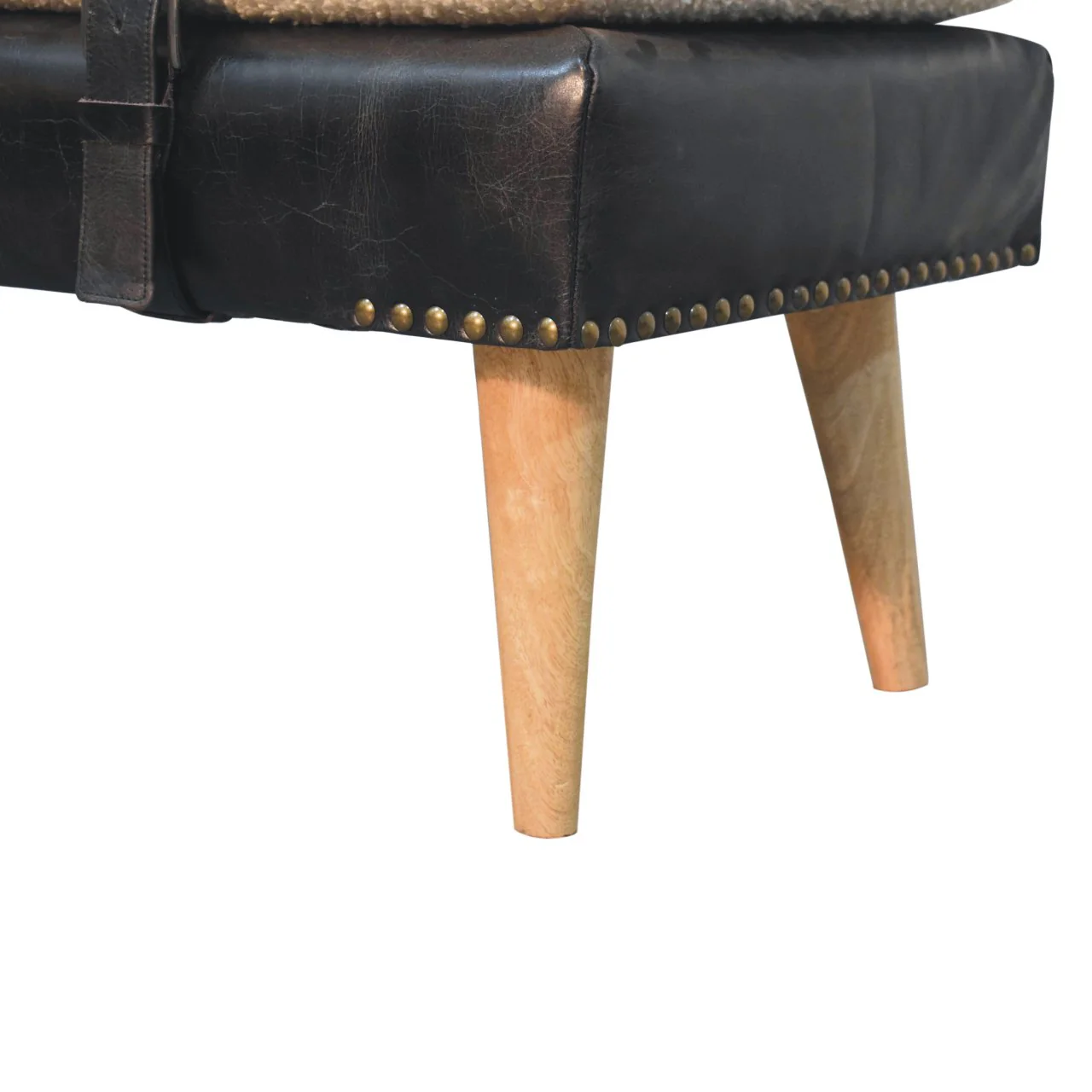 Artisan Furniture Massivholz gepolsterte Bouclé Buffalo Hide schwarze Lederbank, Braun & Creme - Image 9