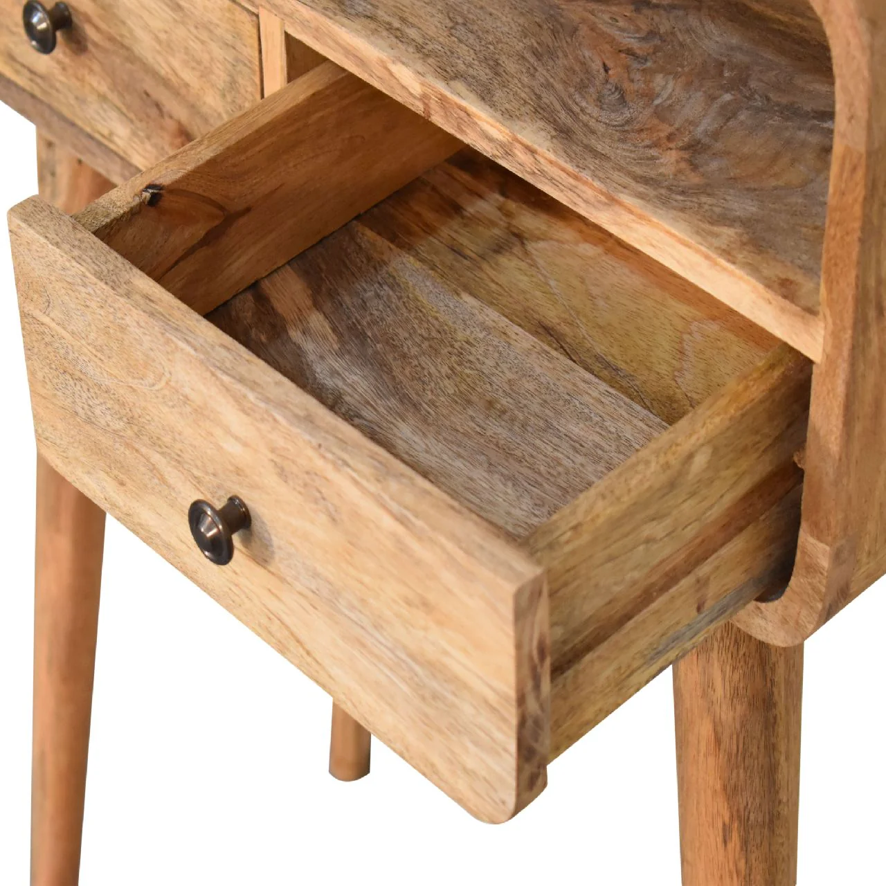 Artisan Furniture Massivholz Mini gebogener eichenähnlicher Konsolentisch, 2 Schubladen, 1 Regal - Image 10
