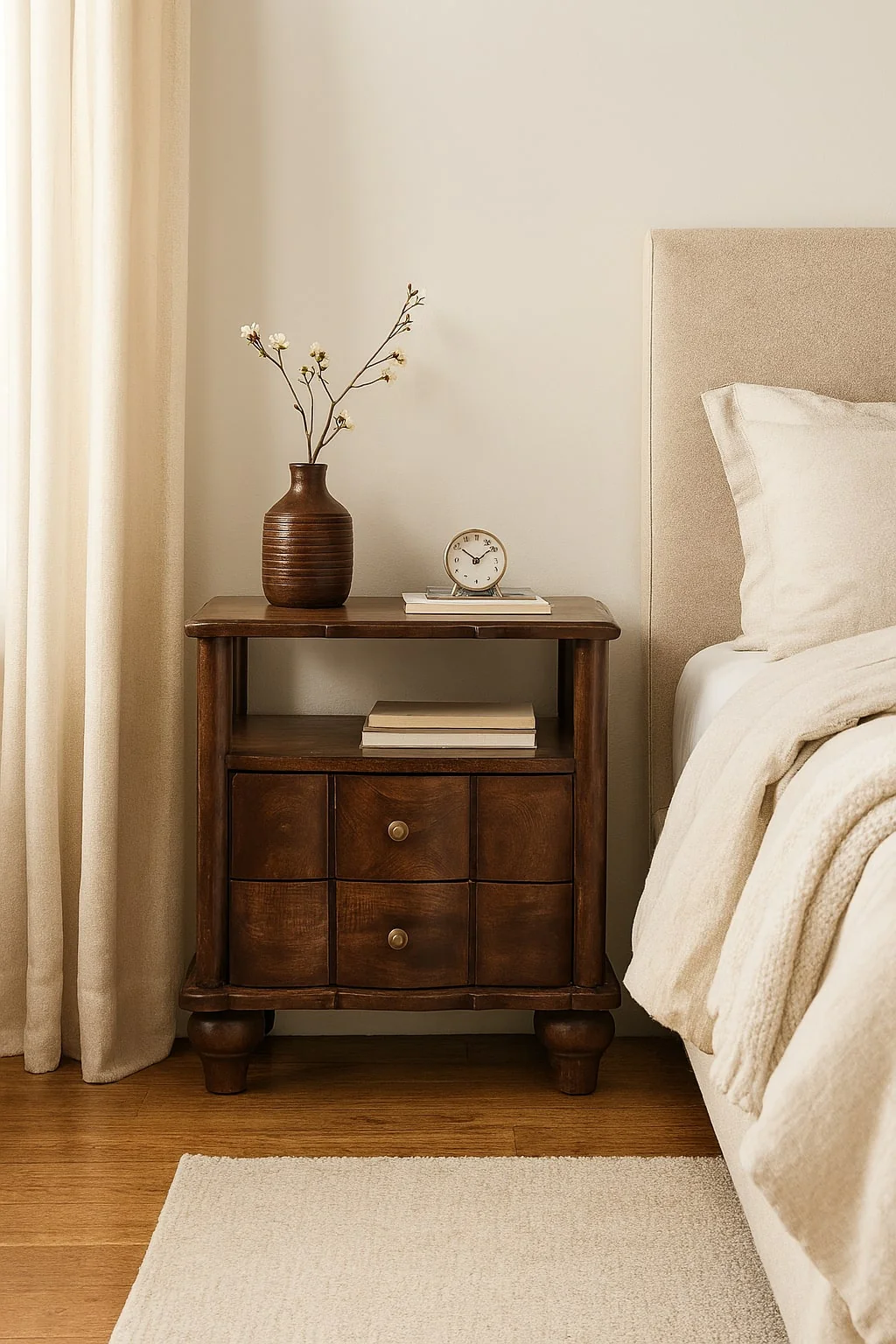 Artisan Furniture Massivholz Nachttisch mit 2 Schubladen und offenem Regal, Braun - Image 2