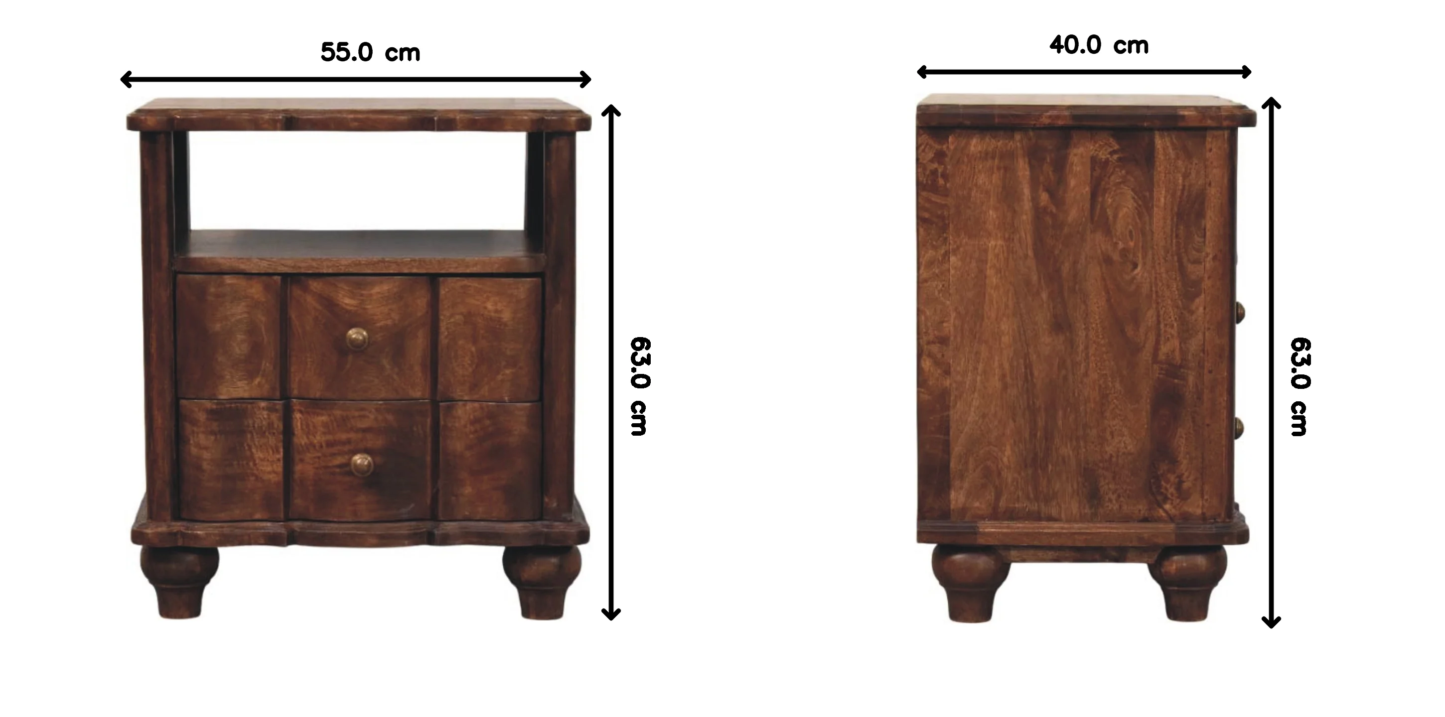 Artisan Furniture Massivholz Nachttisch mit 2 Schubladen und offenem Regal, Braun - Image 3