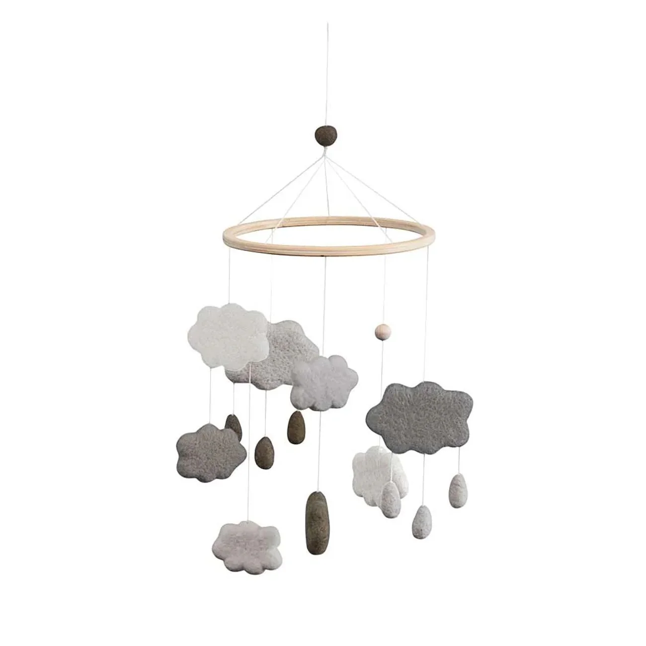 Baby Mobile mit Filzwolken und Regentropfen in Grau