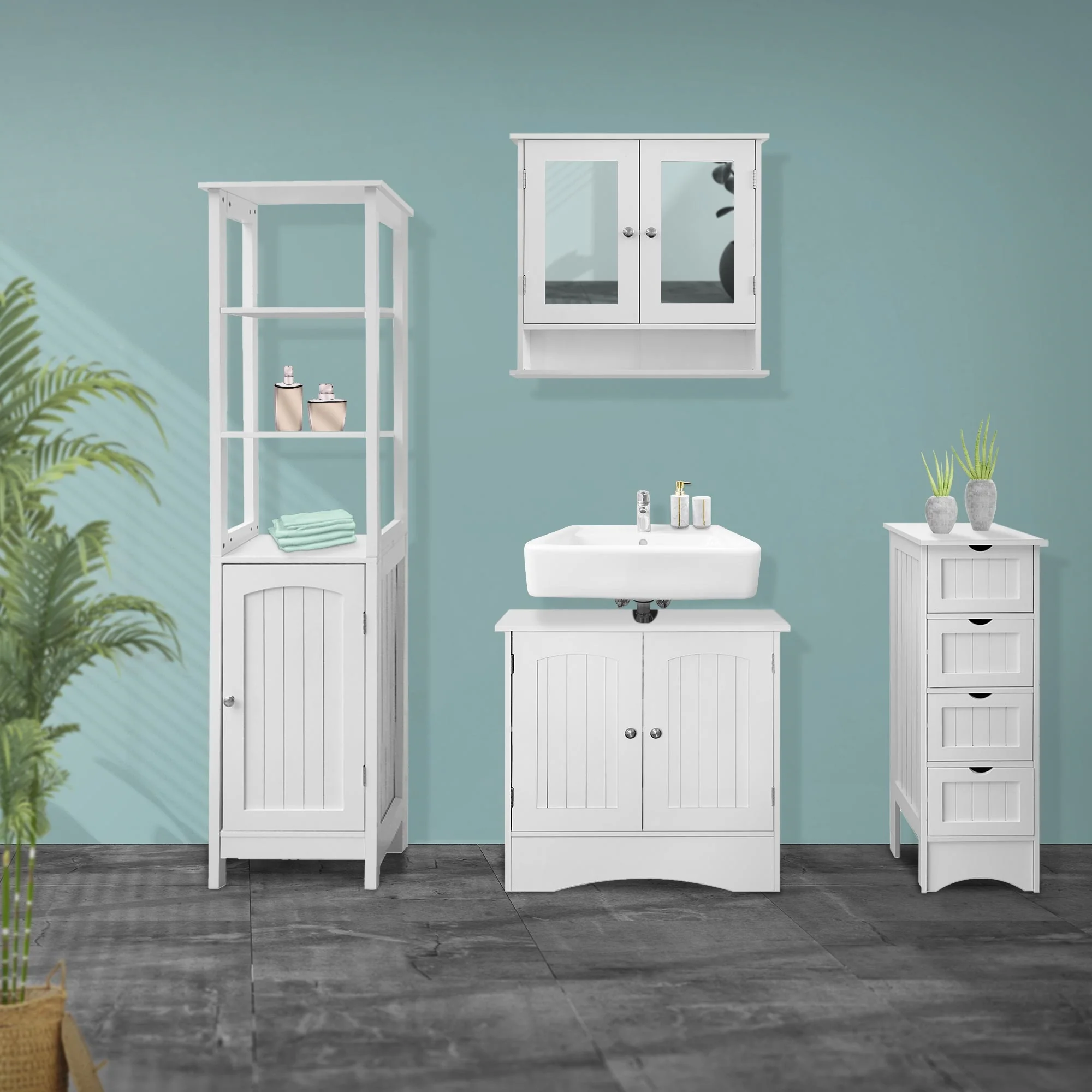 Badmöbel-Set 4-teilig, Badezimmer Komplettset, Spiegelschrank, Waschtisch mit Unterschrank - Image 2