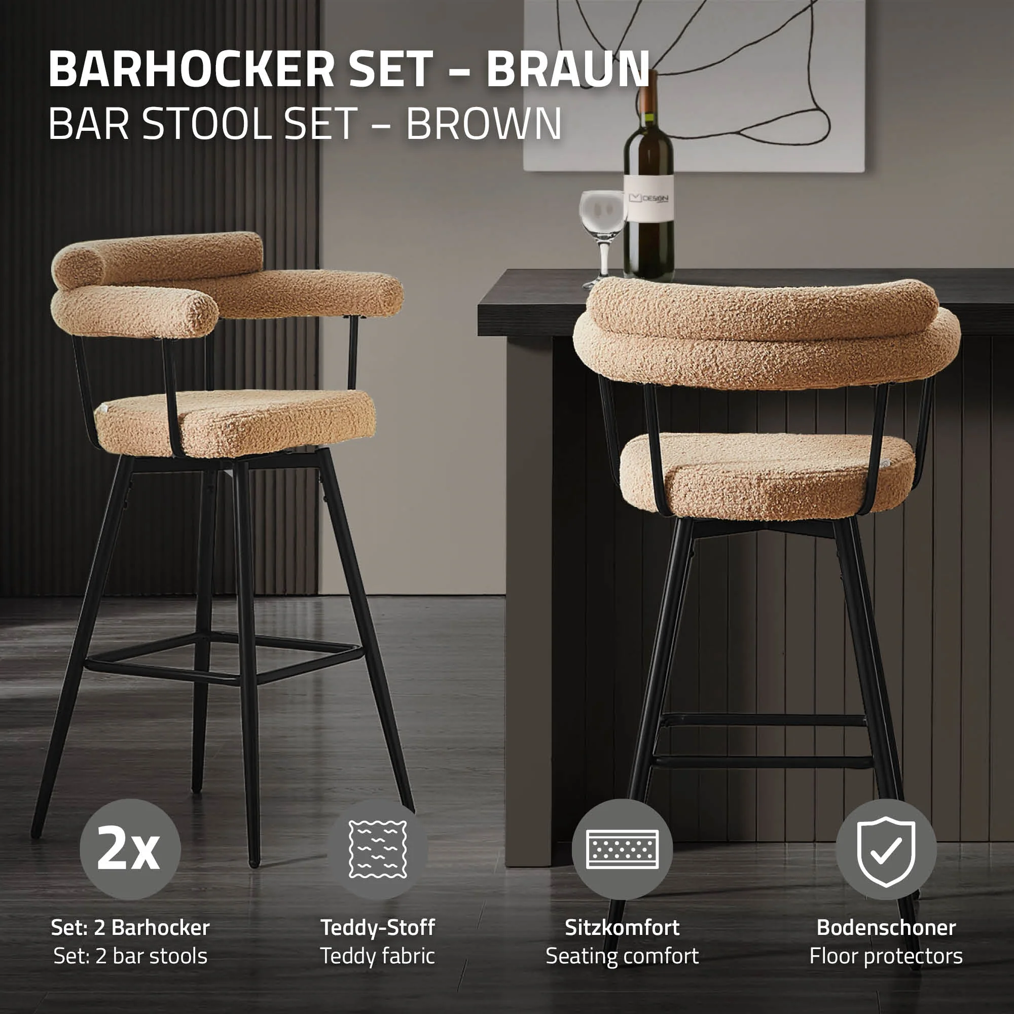 Barhocker mit Arm- und Rückenlehne, Teddy-Stoff, H:76cm, 360° drehbar, inkl. Fußstütze - Image 46