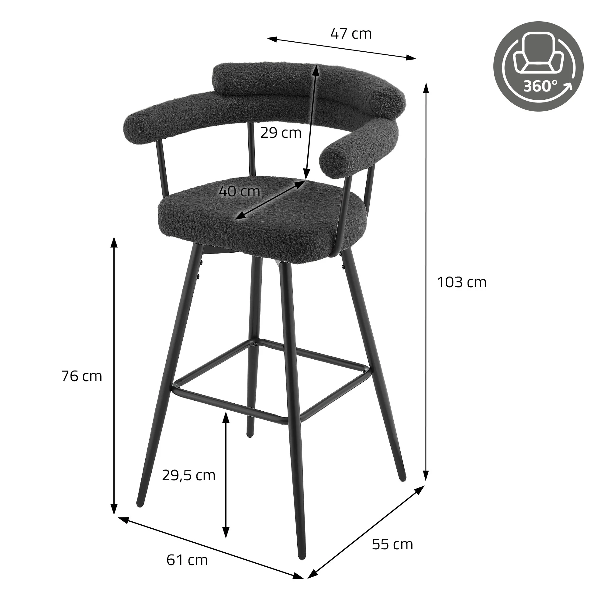 Barhocker mit Arm- und Rückenlehne, Teddy-Stoff, H:76cm, 360° drehbar, inkl. Fußstütze - Image 78
