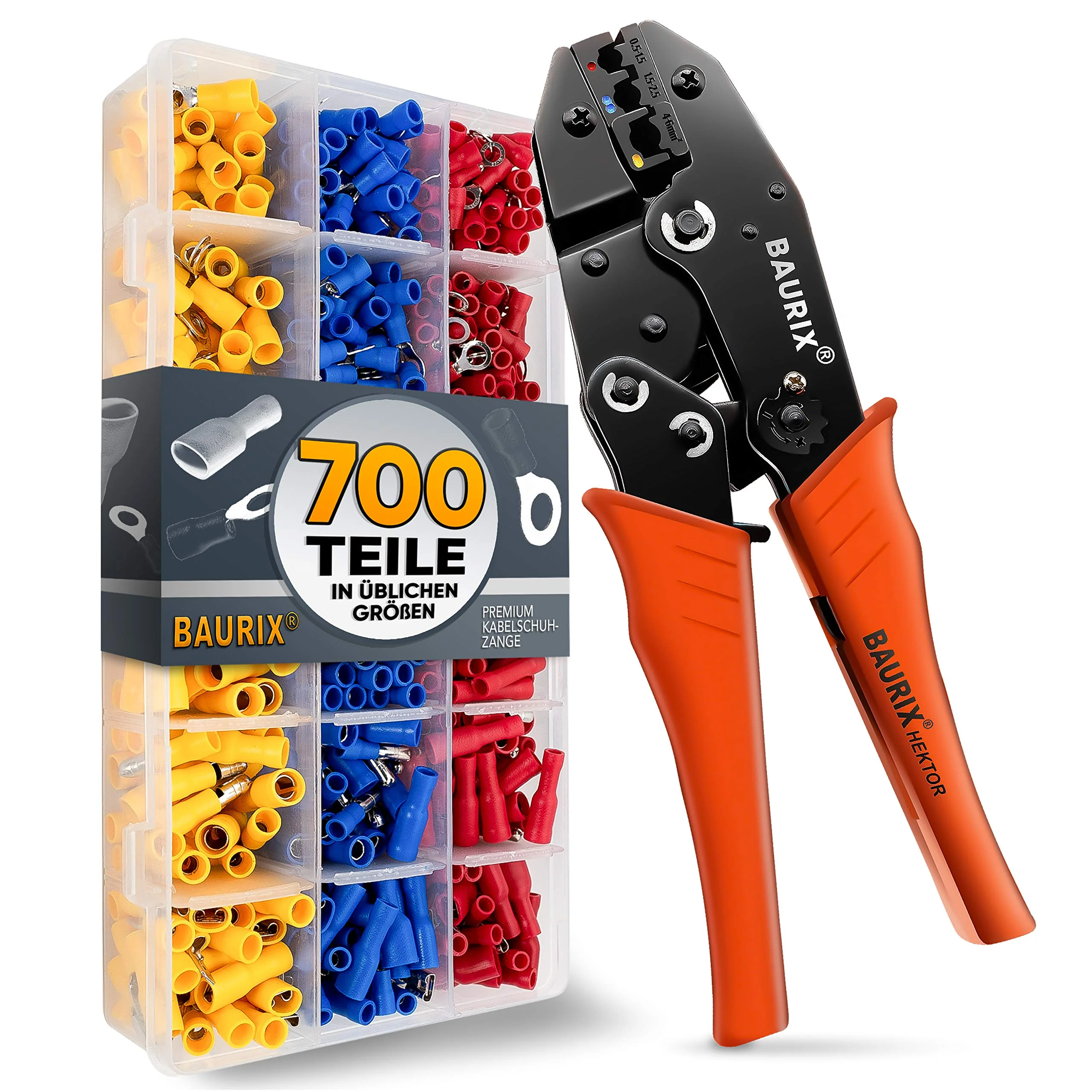 BAURIX® Crimpzange inkl. 700 Stück Kabelschuhe Set, Kabelschuhzange für 0,50-6,00 mm² - Image 3