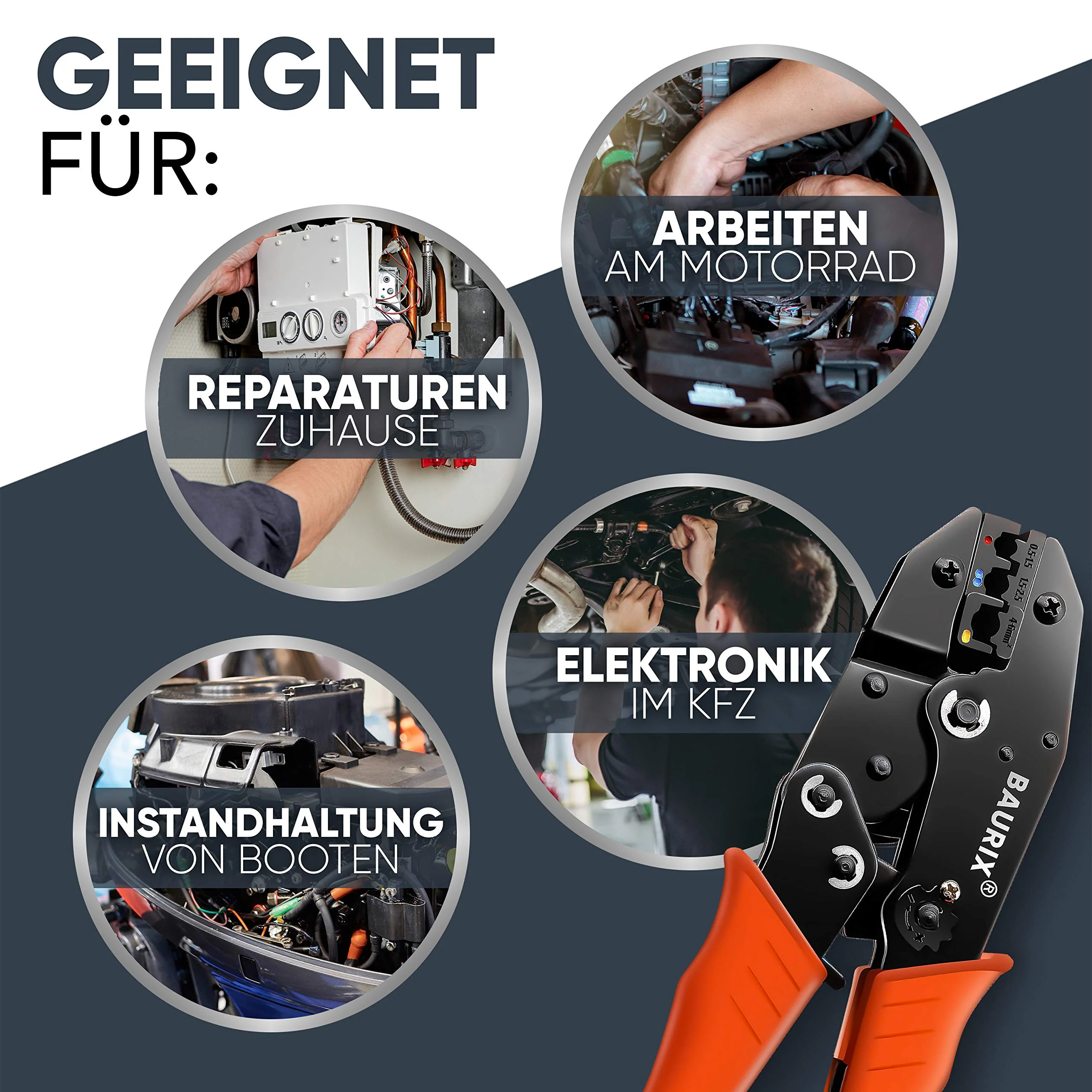 BAURIX® Crimpzange inkl. 700 Stück Kabelschuhe Set, Kabelschuhzange für 0,50-6,00 mm² - Image 4