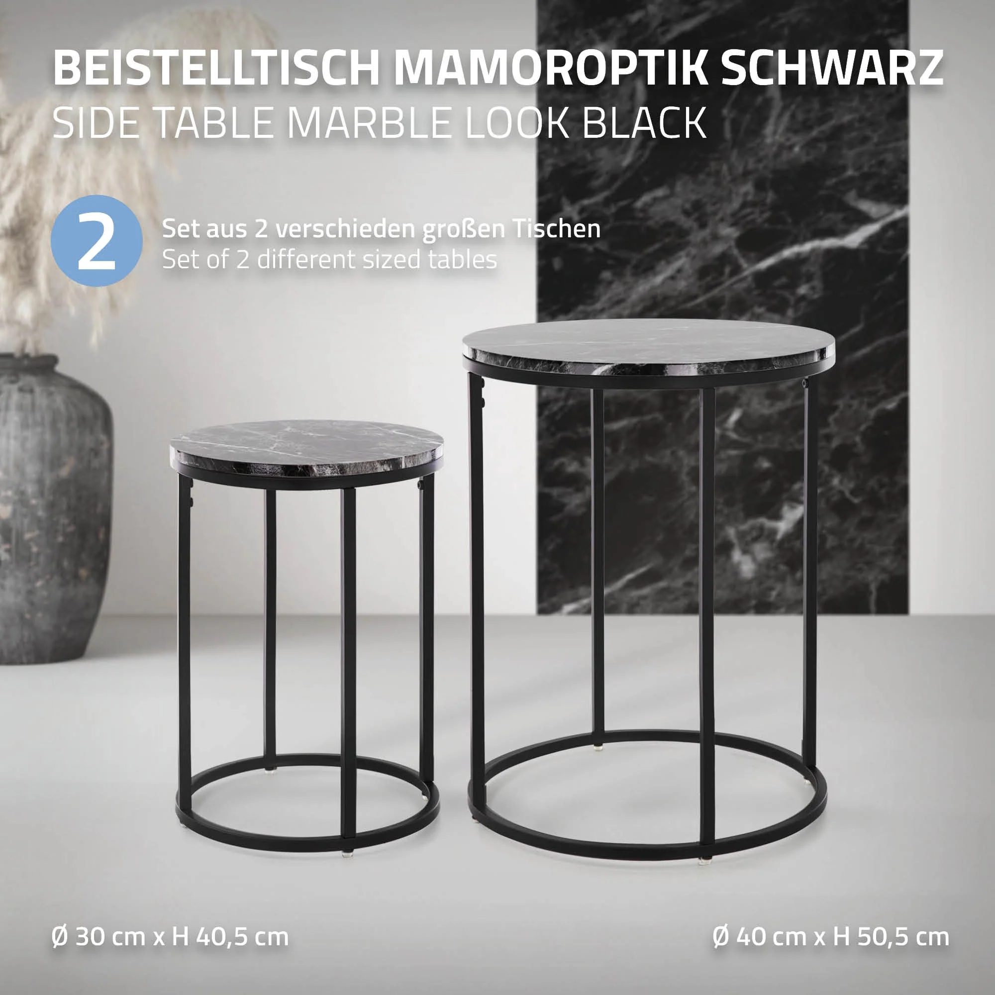 Beistelltisch 2er Set Schwarz aus Metall und Holz in Marmoroptik ML-Design - Image 2