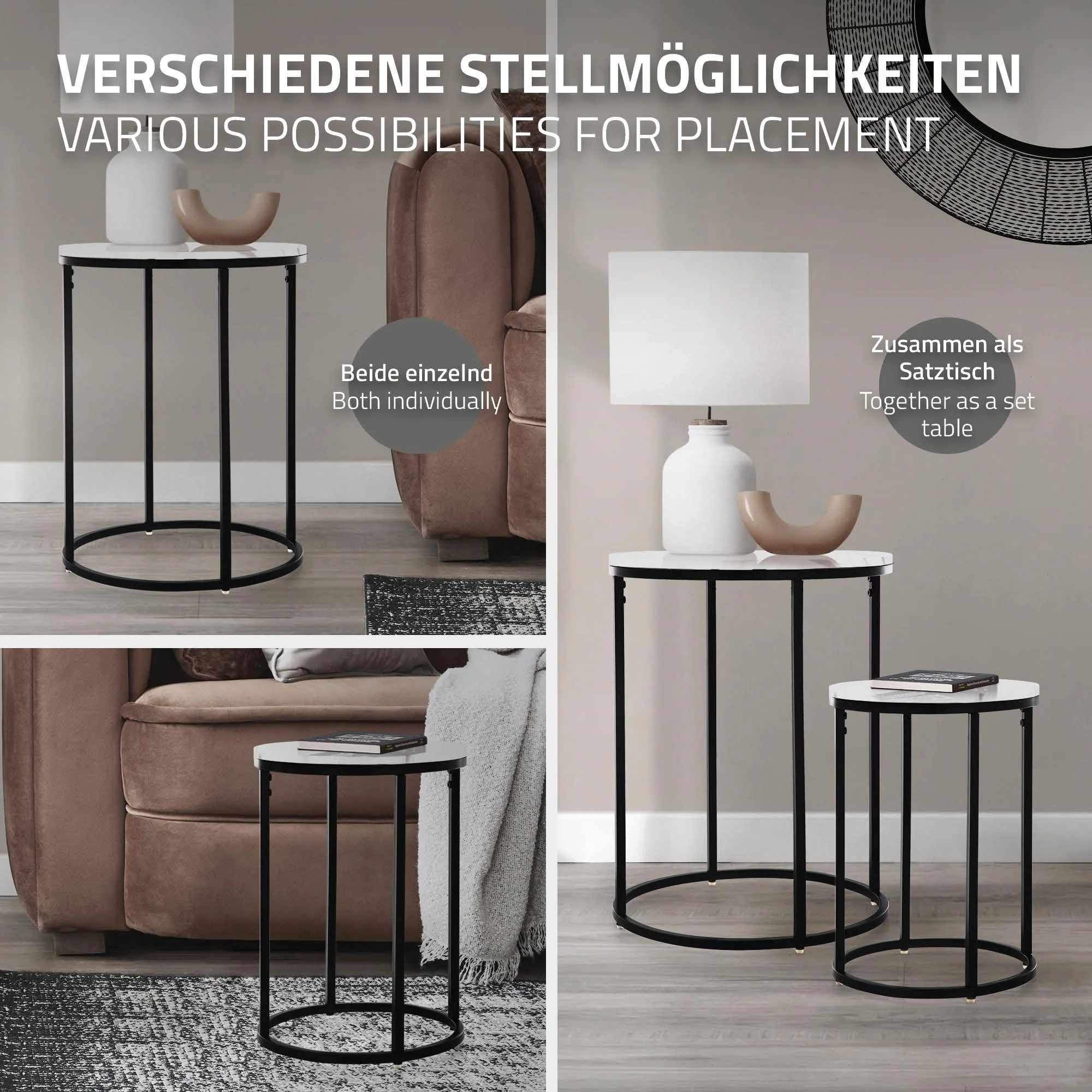 Beistelltisch 2er Set Schwarz/Weiß aus Metall und Holz in Marmoroptik ML-Design - Image 4