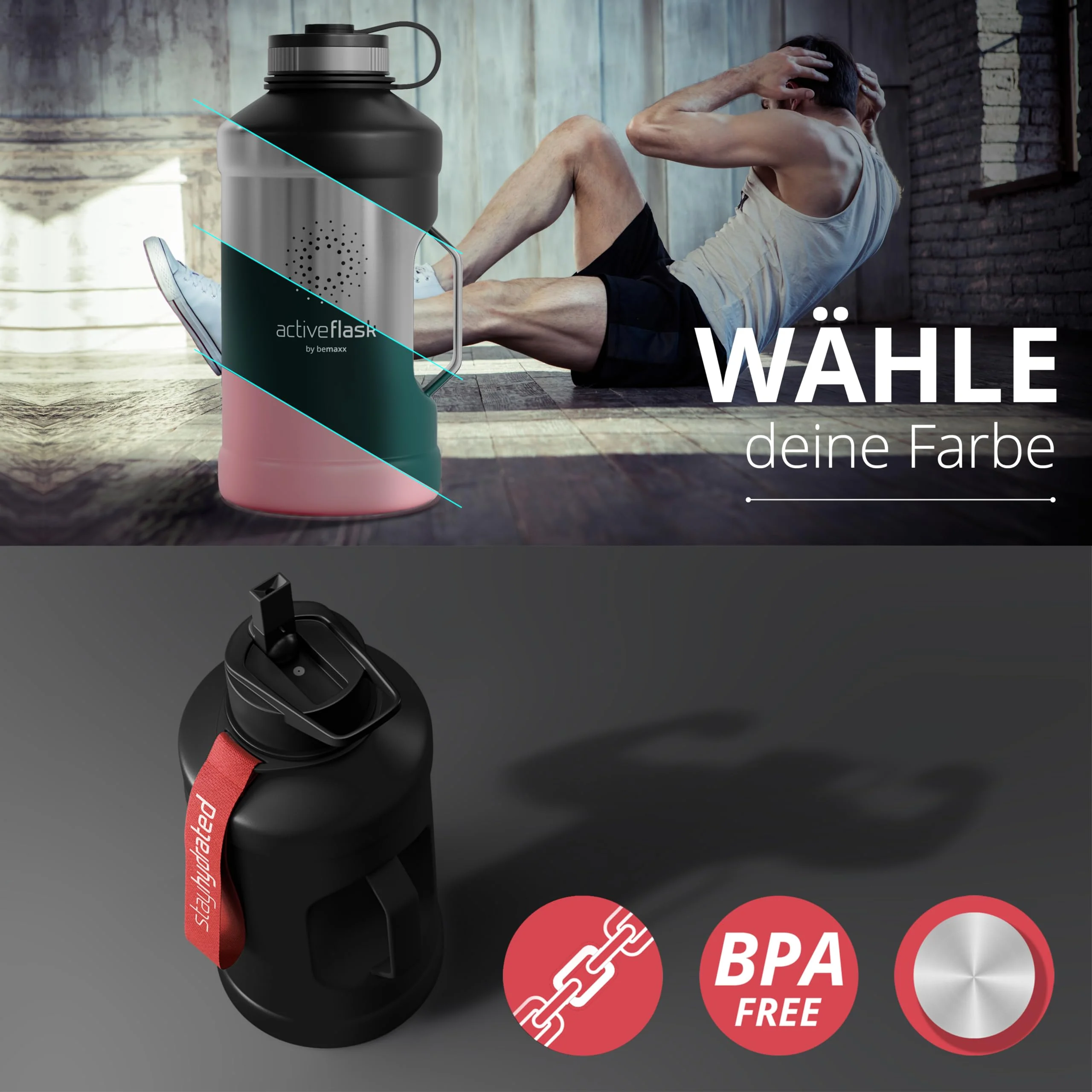 BeMaxx Trinkflasche Edelstahl ACTIVE FLASK + Strohhalm (3 Deckel) | Große 2,2 Liter - Image 3