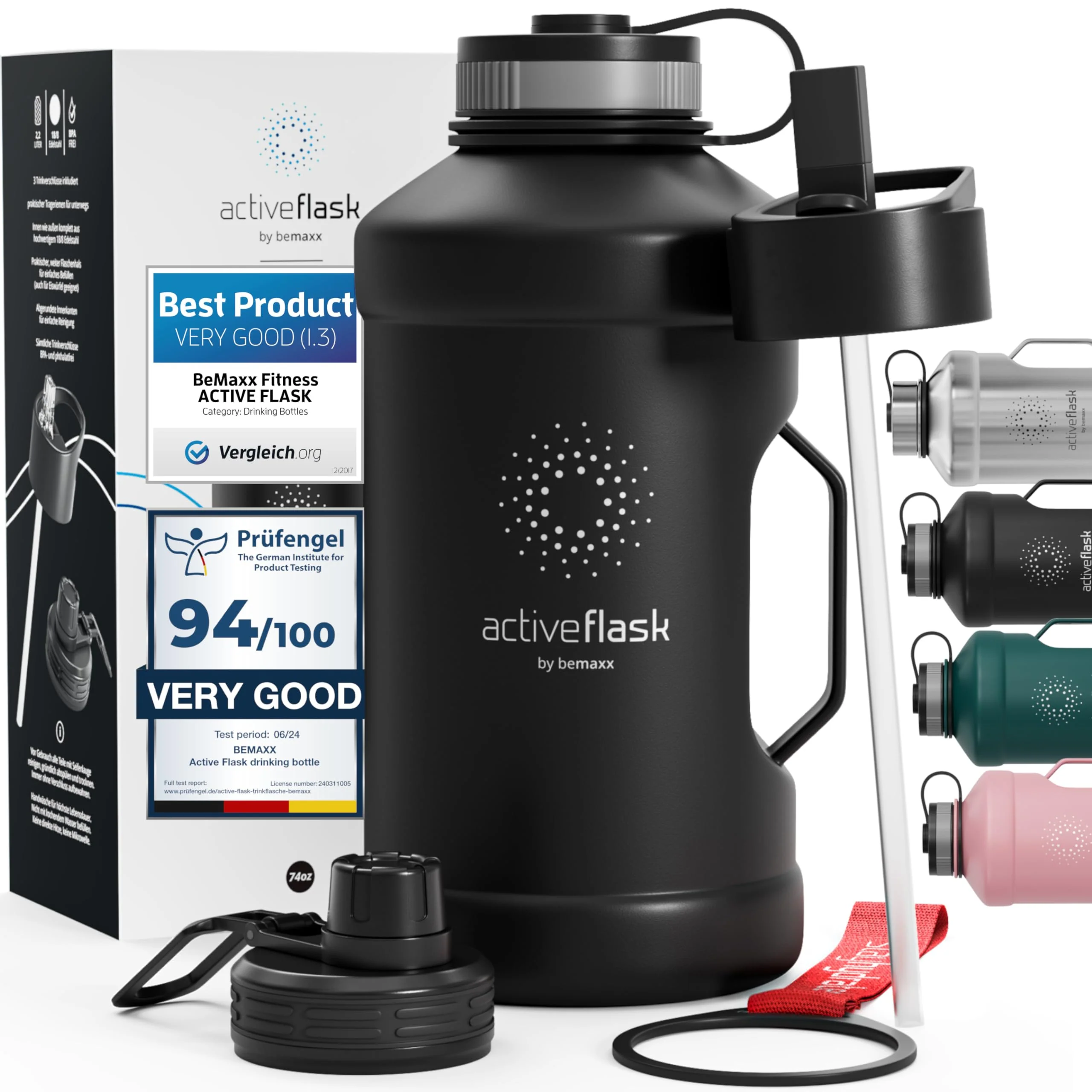 BeMaxx Trinkflasche Edelstahl ACTIVE FLASK + Strohhalm (3 Deckel) | Große 2,2 Liter - Image 4
