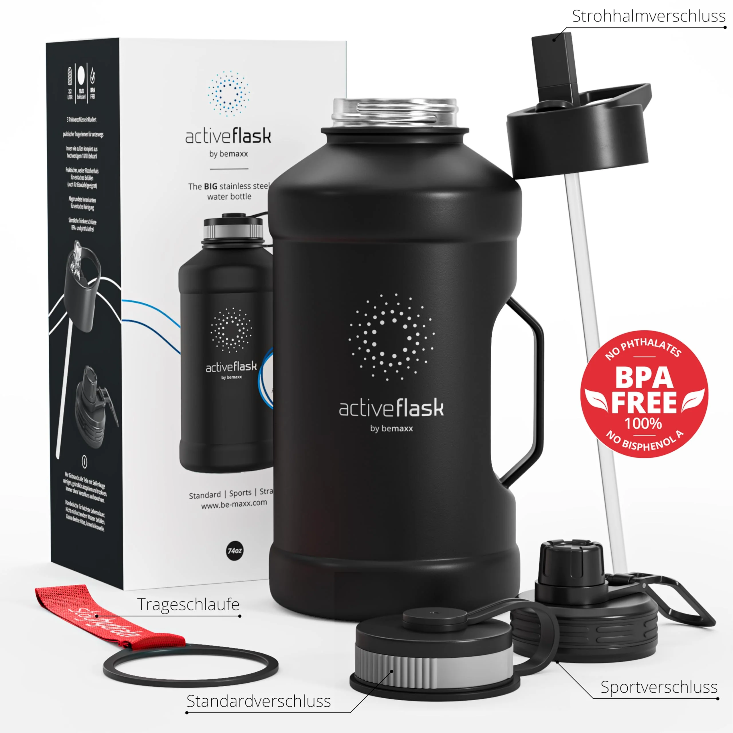 BeMaxx Trinkflasche Edelstahl ACTIVE FLASK + Strohhalm (3 Deckel) | Große 2,2 Liter - Image 6