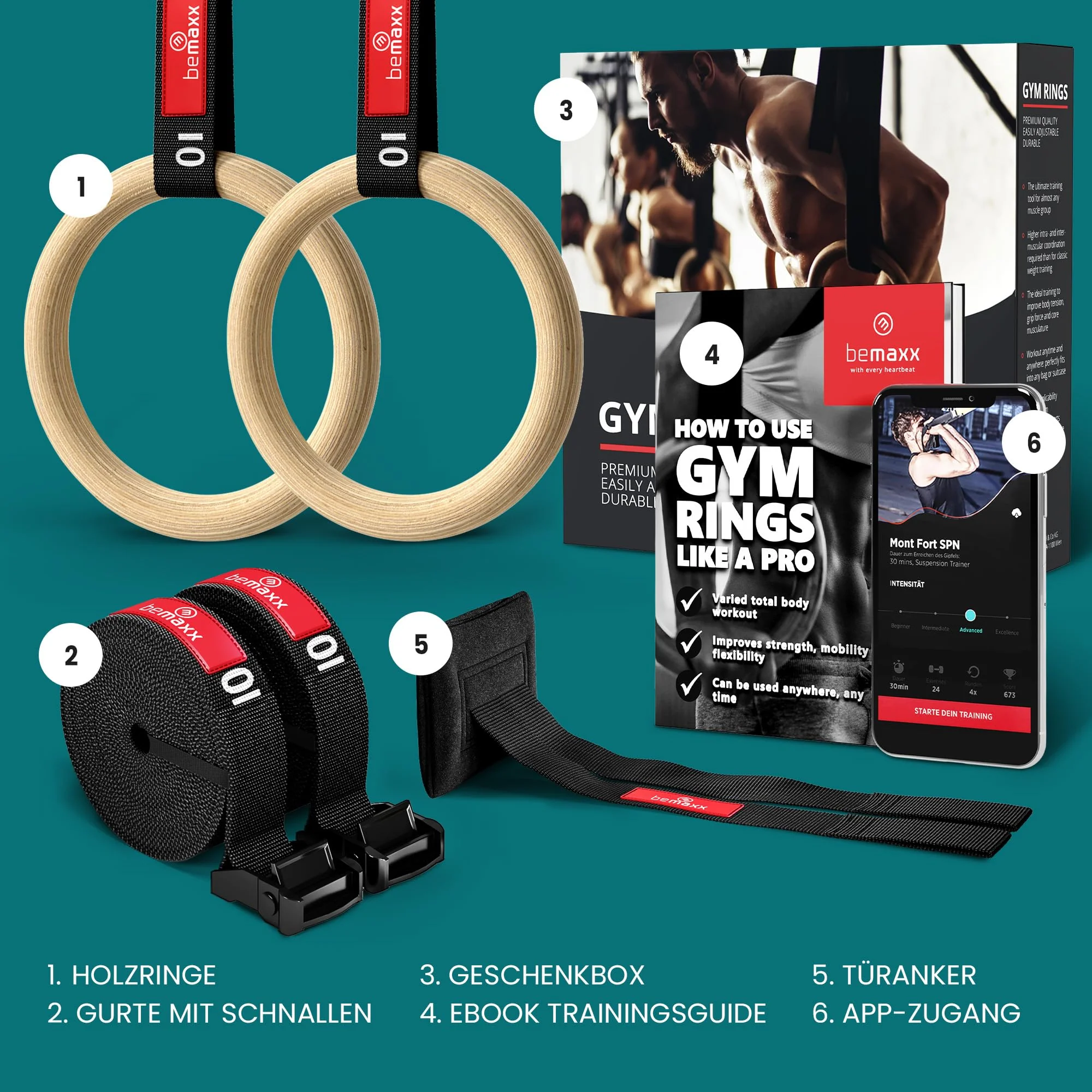 BeMaxx Turnringe Holz Gym Rings + Türanker & Trainings-eBook – Olympische Gymnastik - Image 4