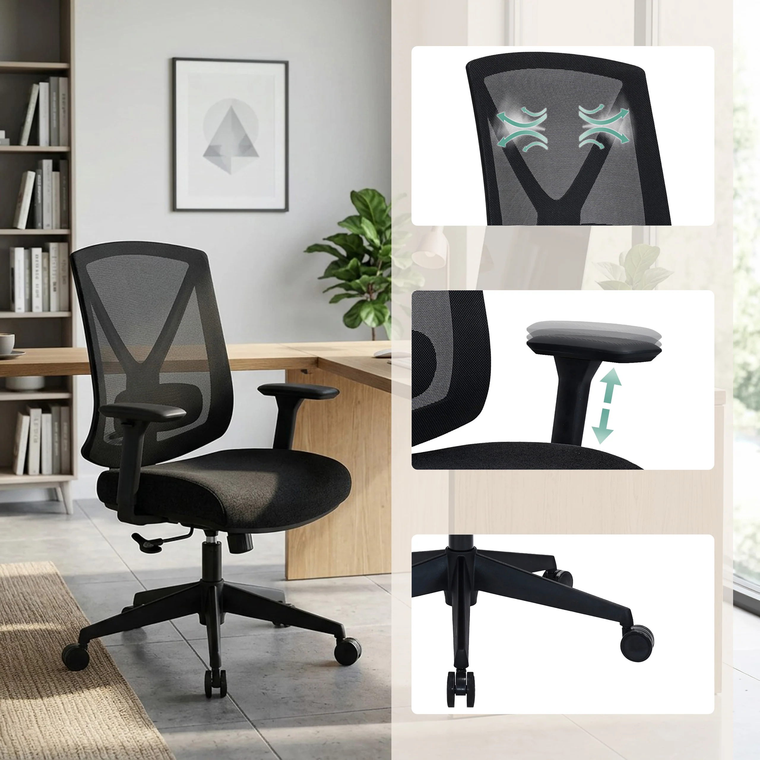 Bürostuhl / Drehstuhl Mirou Rücken Netz / Sitz Stoff schwarz hjh OFFICE - Image 6