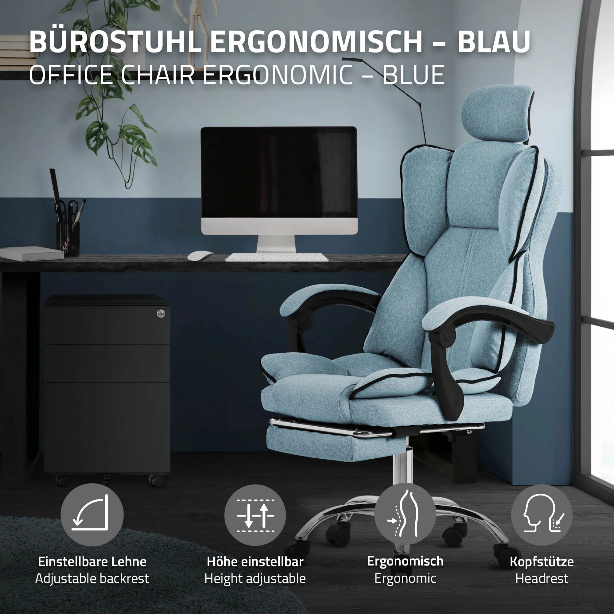 Bürostuhl ergonomisch mit hoher Rückenlehne und Rollen, höhenverstellbar, Wippfunktion - Image 11