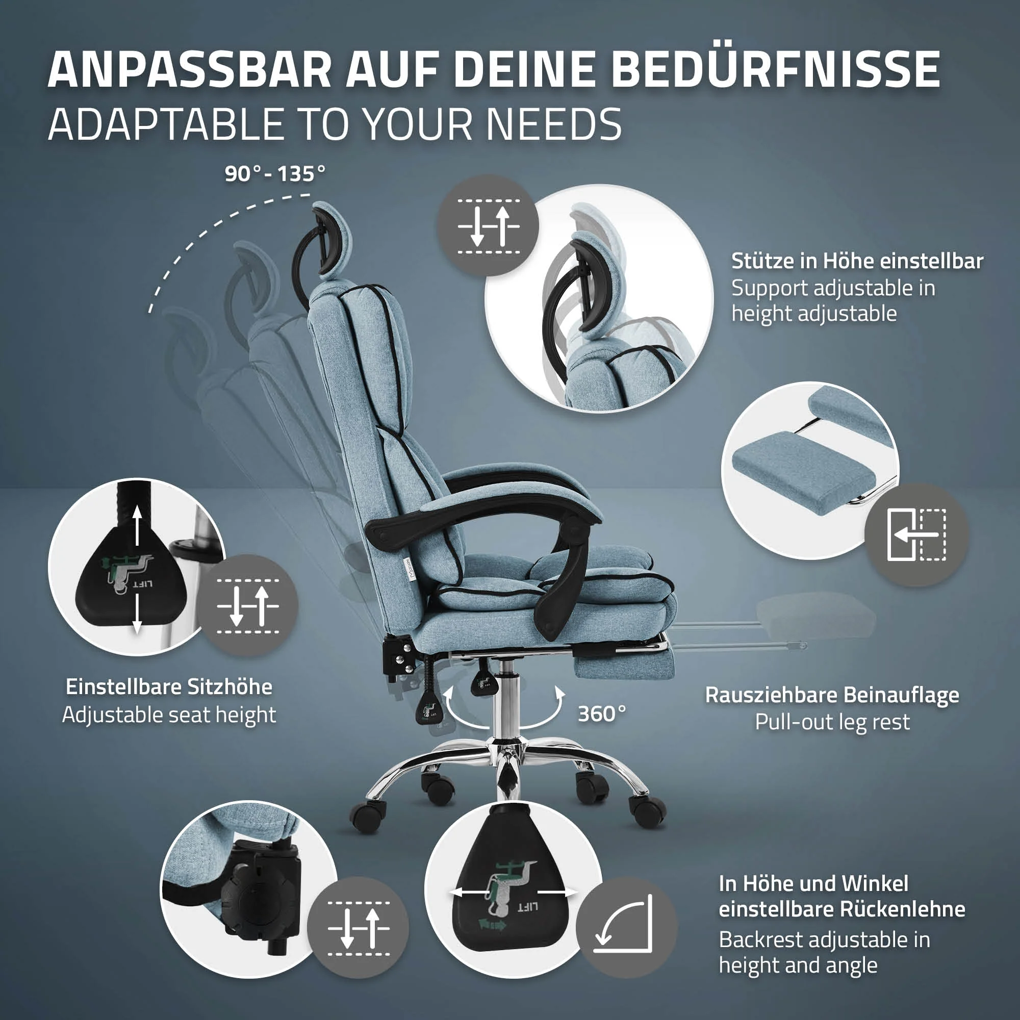 Bürostuhl ergonomisch mit hoher Rückenlehne und Rollen, höhenverstellbar, Wippfunktion - Image 12