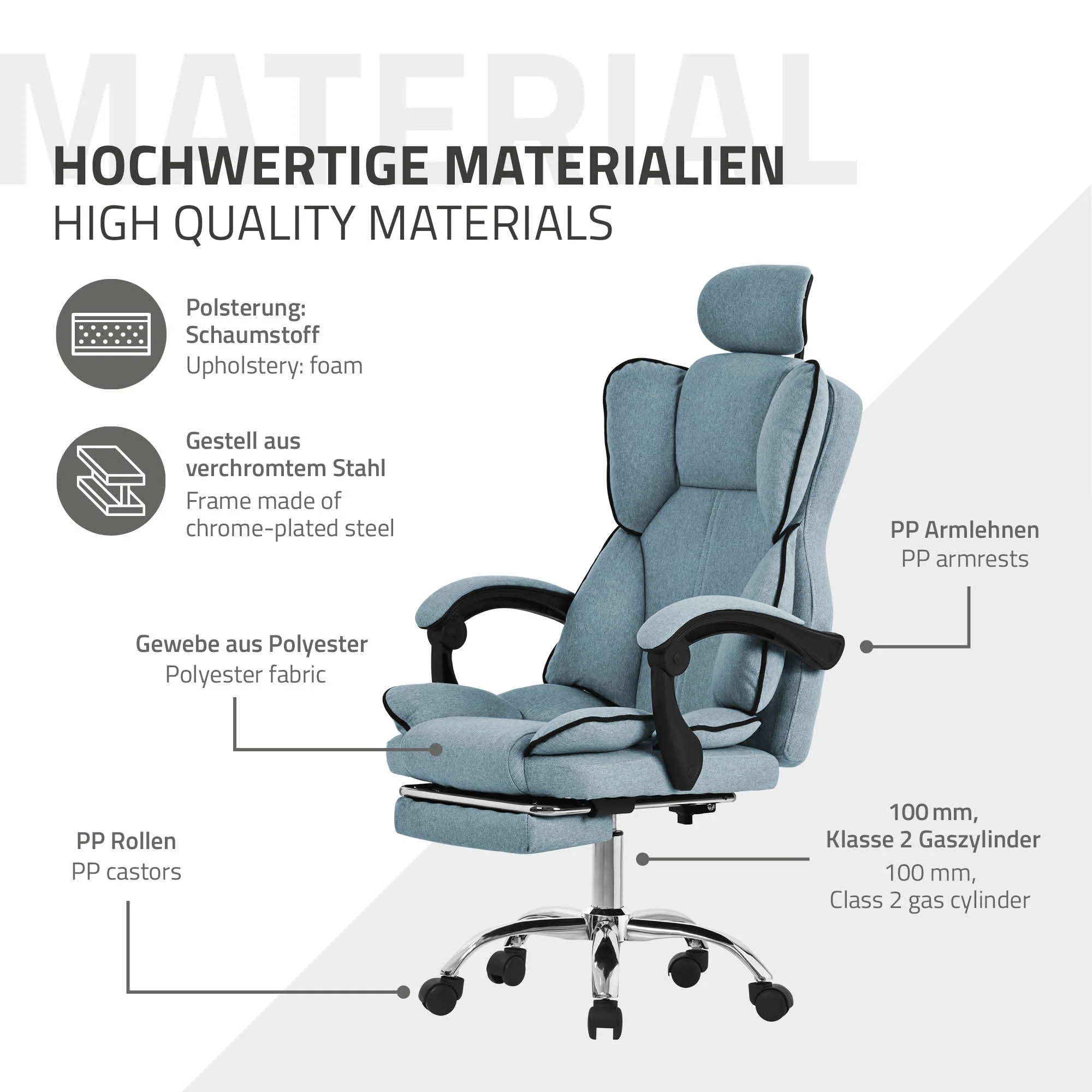 Bürostuhl ergonomisch mit hoher Rückenlehne und Rollen, höhenverstellbar, Wippfunktion - Image 14