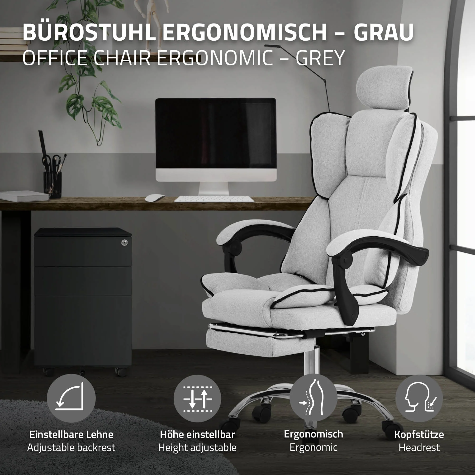 Bürostuhl ergonomisch mit hoher Rückenlehne und Rollen, höhenverstellbar, Wippfunktion - Image 18