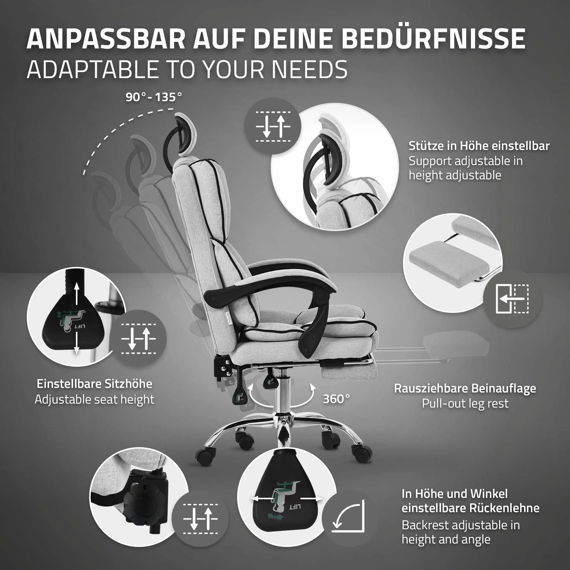 Bürostuhl ergonomisch mit hoher Rückenlehne und Rollen, höhenverstellbar, Wippfunktion - Image 19