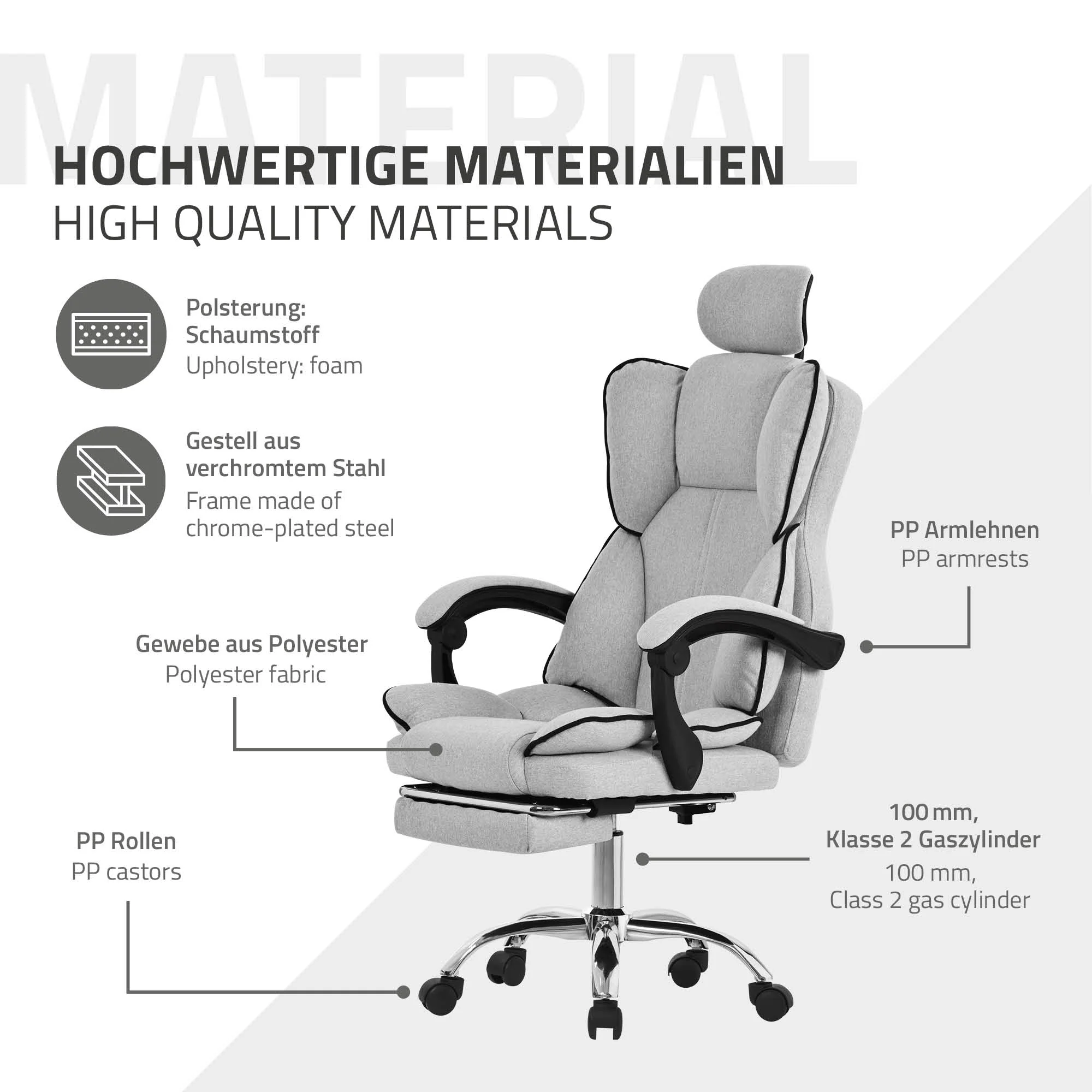 Bürostuhl ergonomisch mit hoher Rückenlehne und Rollen, höhenverstellbar, Wippfunktion - Image 21