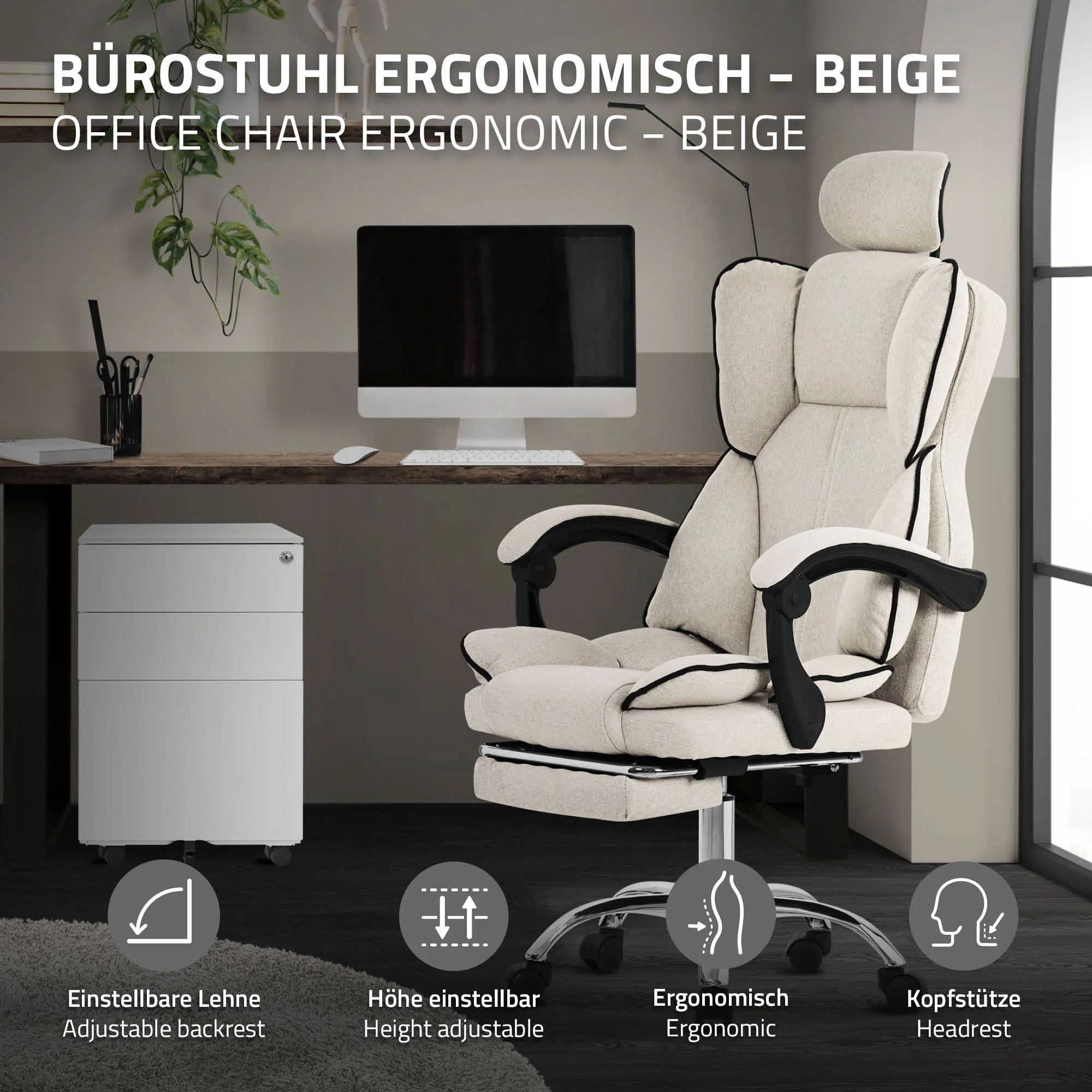 Bürostuhl ergonomisch mit hoher Rückenlehne und Rollen, höhenverstellbar, Wippfunktion - Image 4