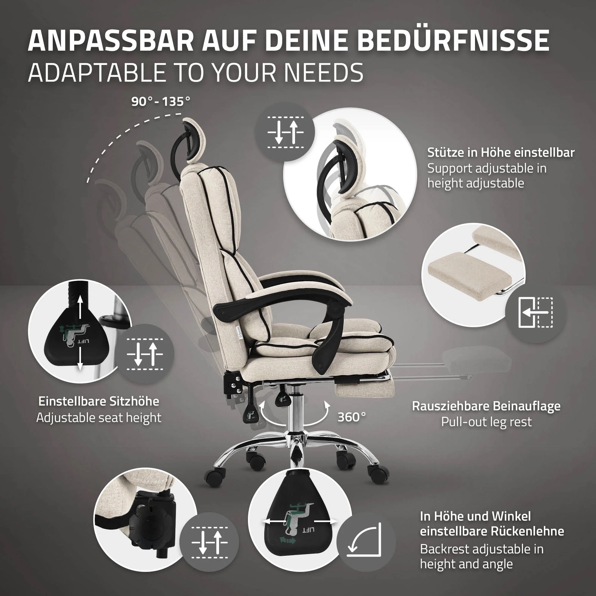 Bürostuhl ergonomisch mit hoher Rückenlehne und Rollen, höhenverstellbar, Wippfunktion - Image 5