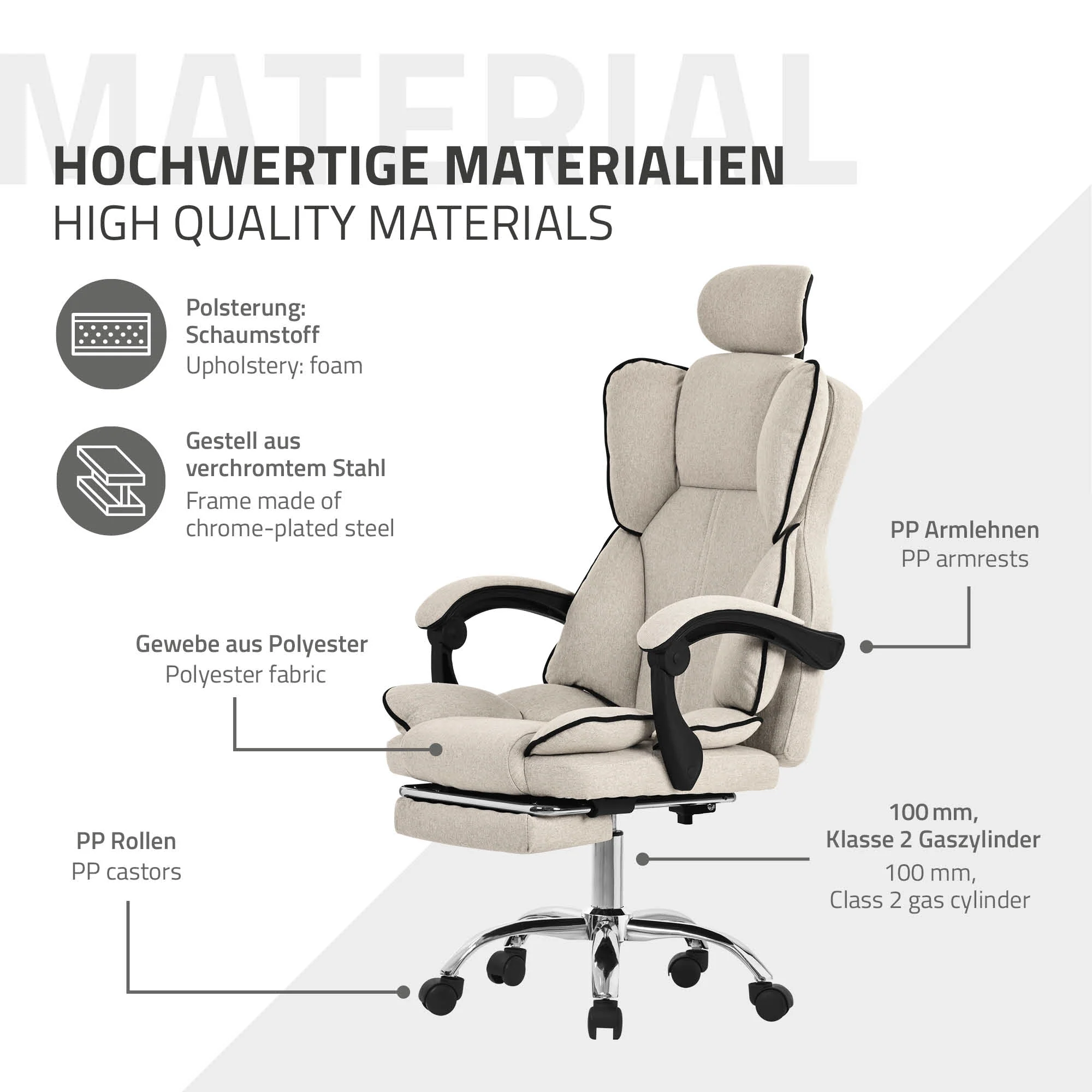 Bürostuhl ergonomisch mit hoher Rückenlehne und Rollen, höhenverstellbar, Wippfunktion - Image 7