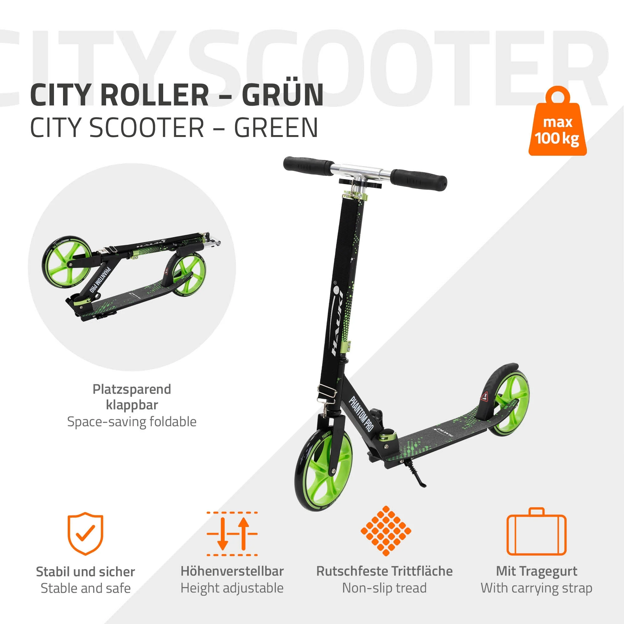 Cityroller Scooter klappbar & höhenverstellbar, XXL-Räder, Tritt-Bremse, mit Ständer & Tragegurt - Image 7